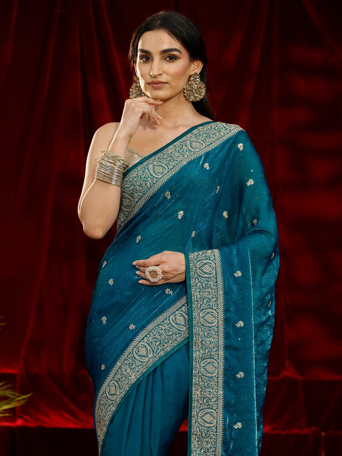 Mameraa Blue Floral Embroidered Tissue Saree