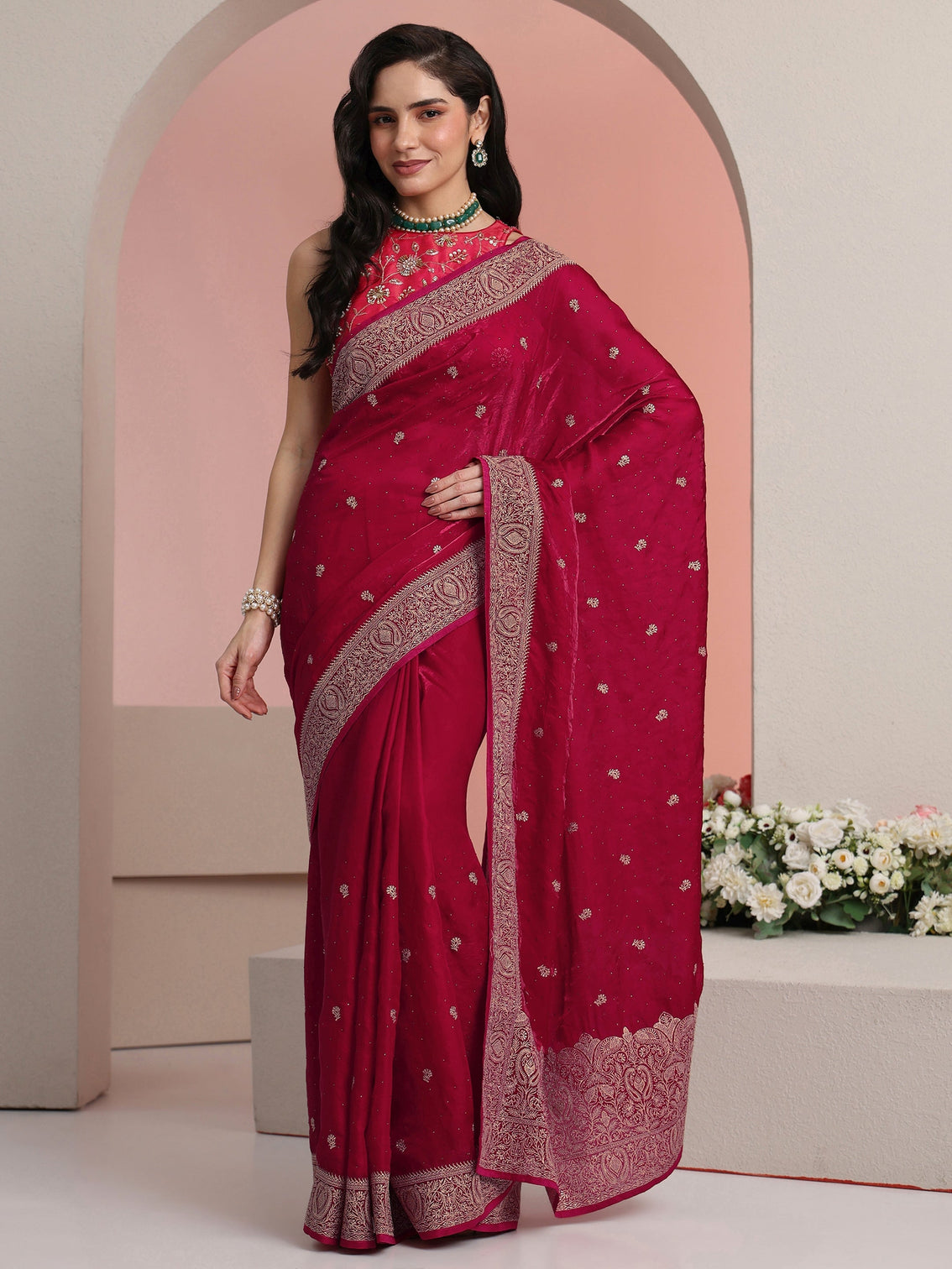 Mameraa Rani Pink Embroidered Tissue Saree