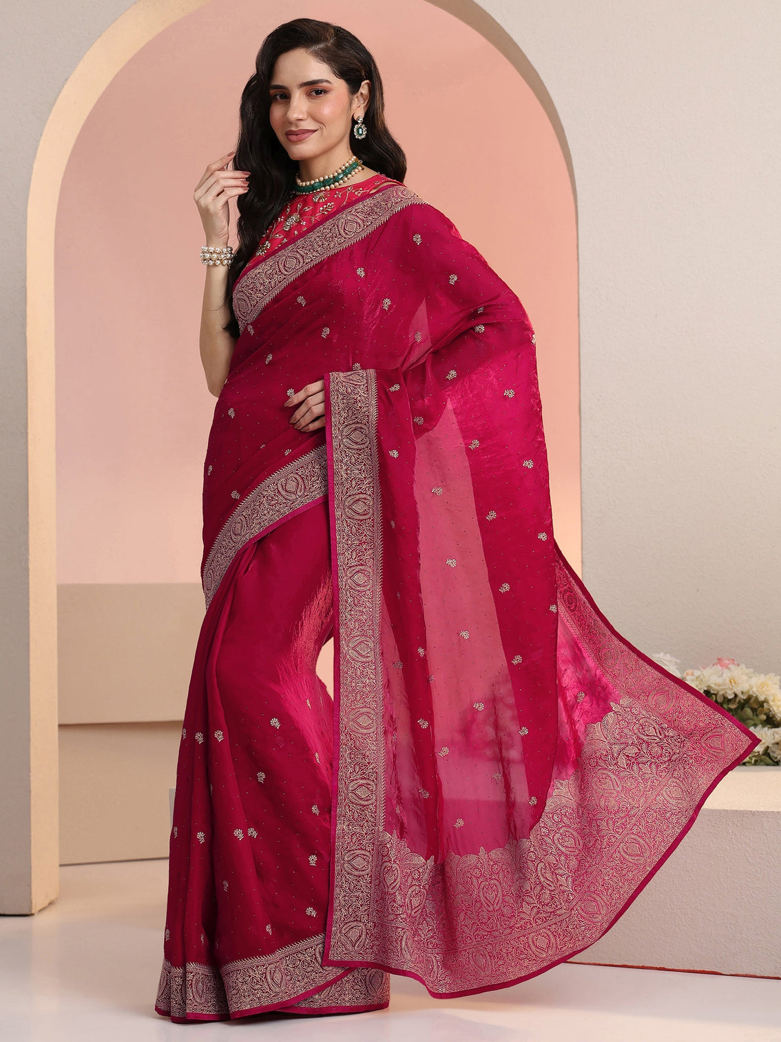 Mameraa Rani Pink Embroidered Tissue Saree