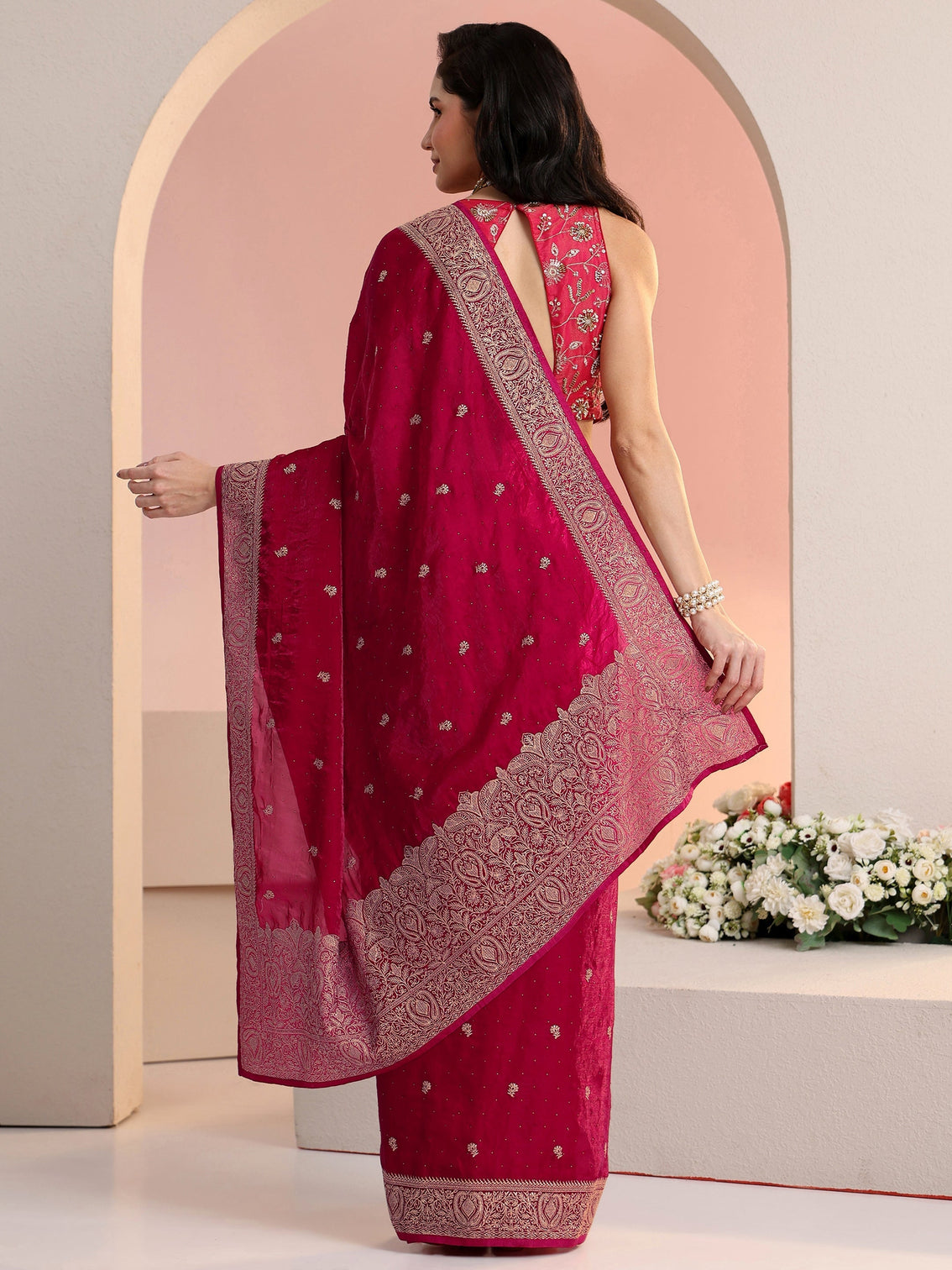 Mameraa Rani Pink Embroidered Tissue Saree