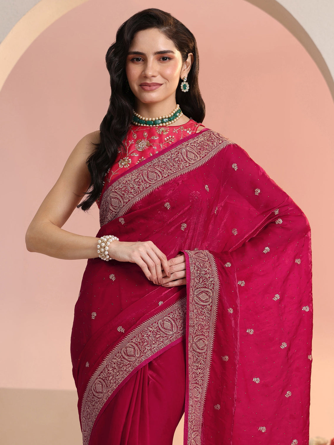 Mameraa Rani Pink Embroidered Tissue Saree