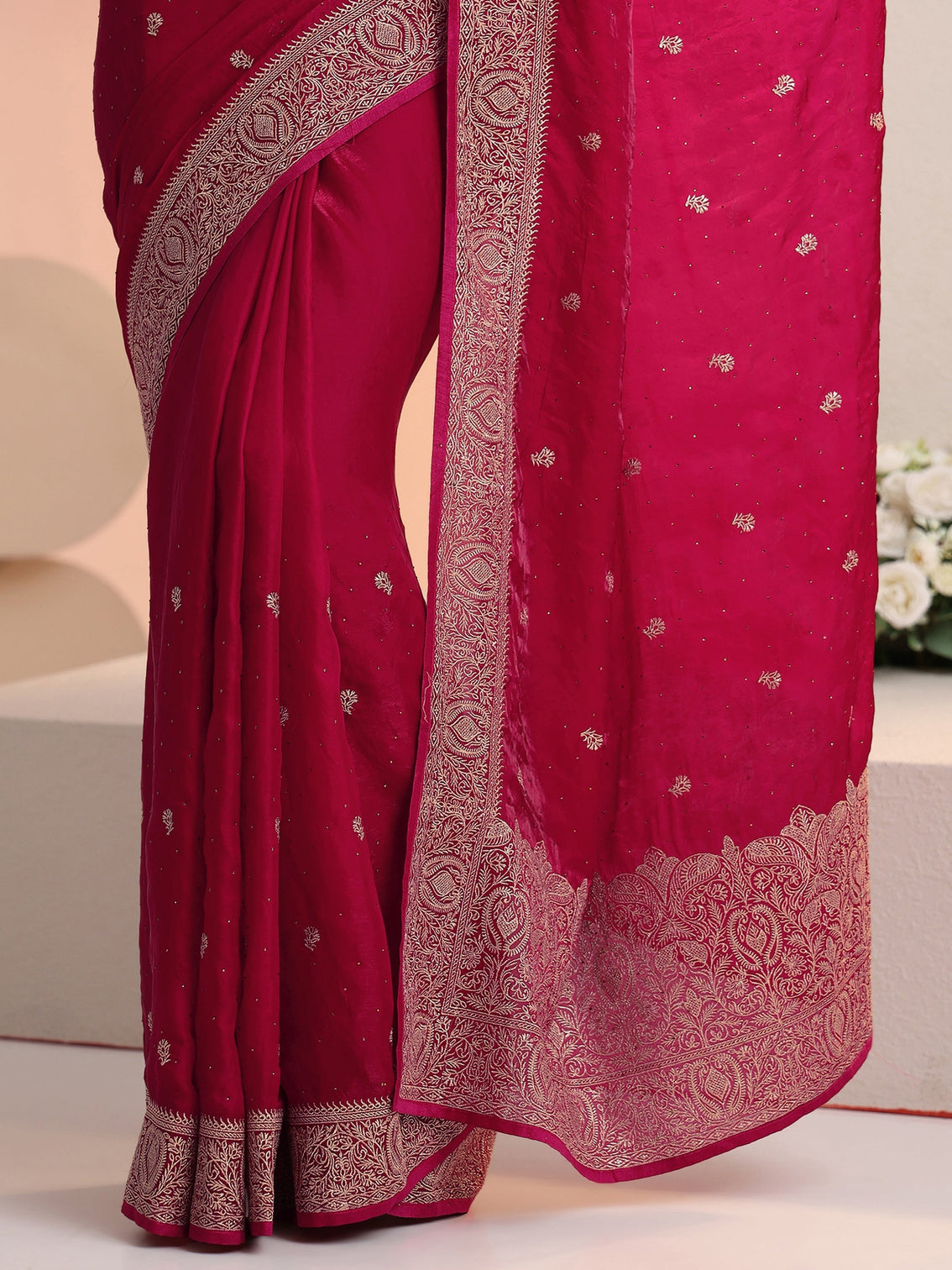 Mameraa Rani Pink Embroidered Tissue Saree