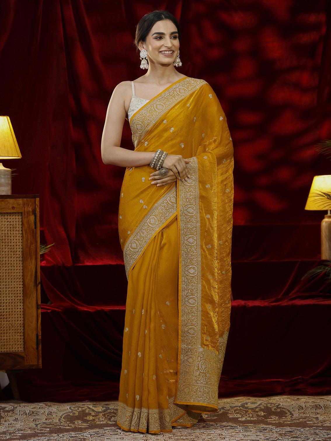 Mameraa Mustard Floral Embroidered Tissue Saree