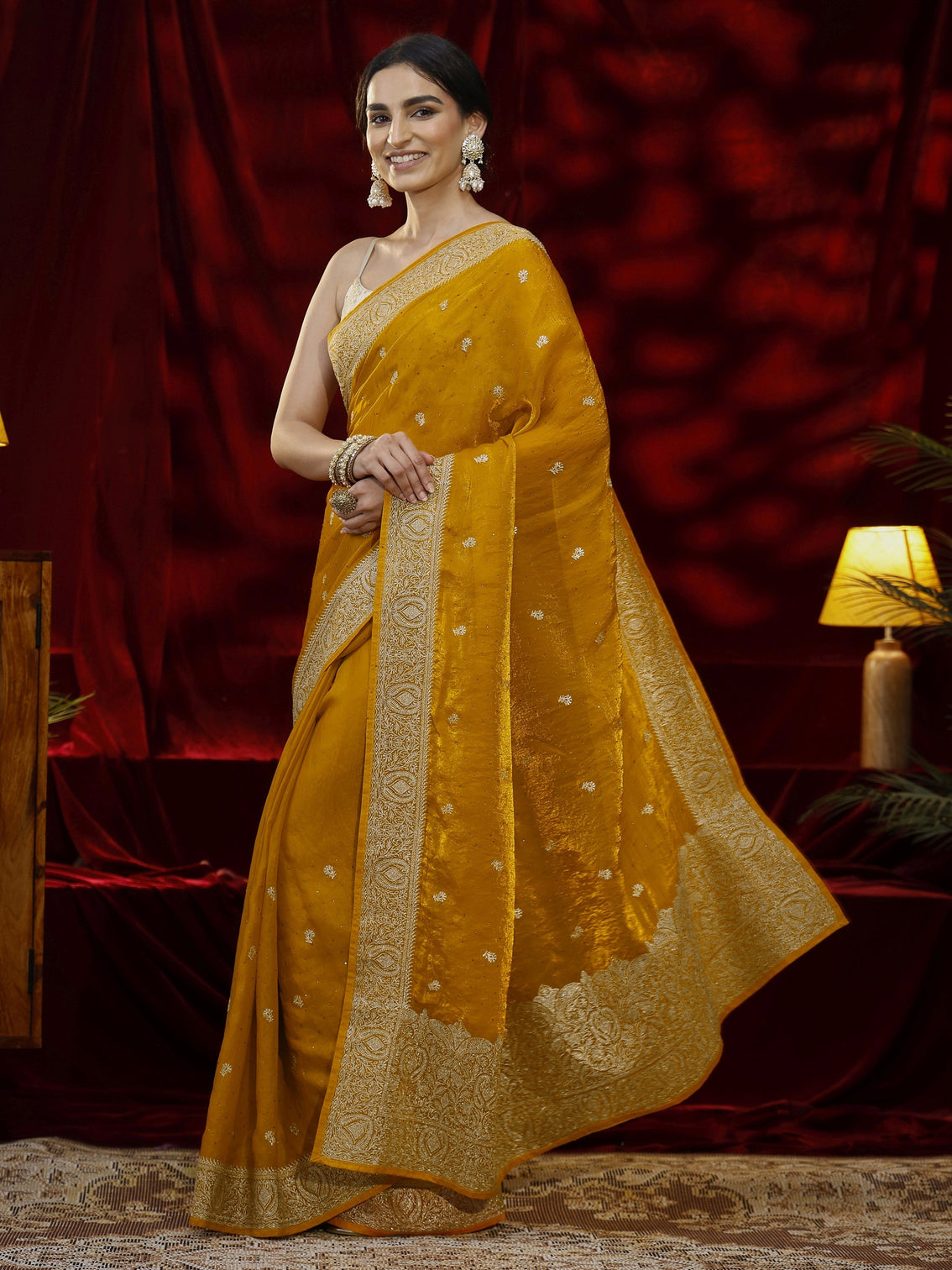 Mameraa Mustard Floral Embroidered Tissue Saree