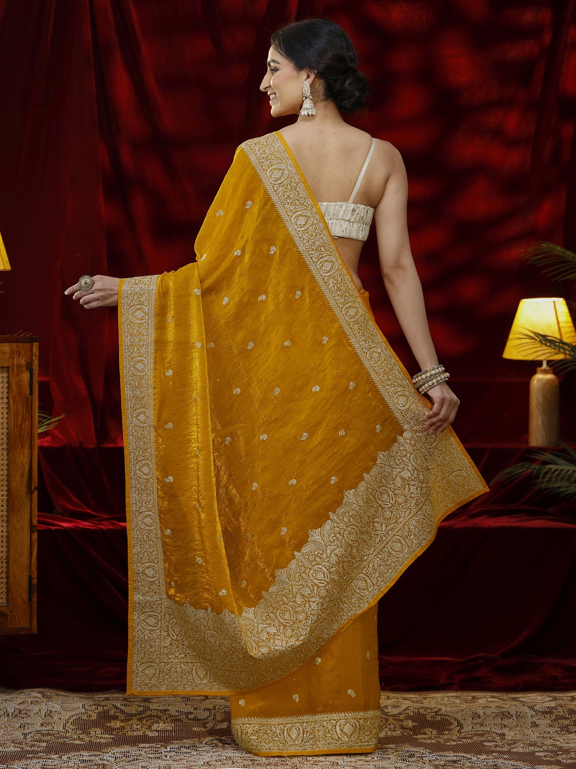 Mameraa Mustard Floral Embroidered Tissue Saree