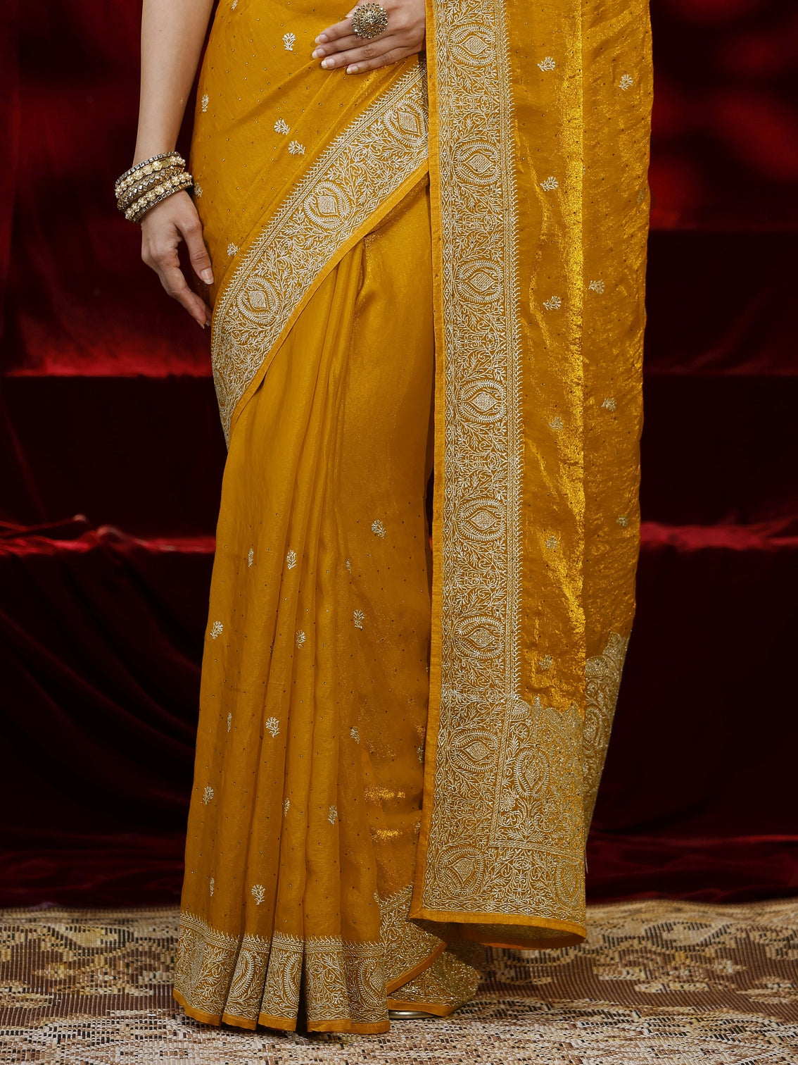 Mameraa Mustard Floral Embroidered Tissue Saree