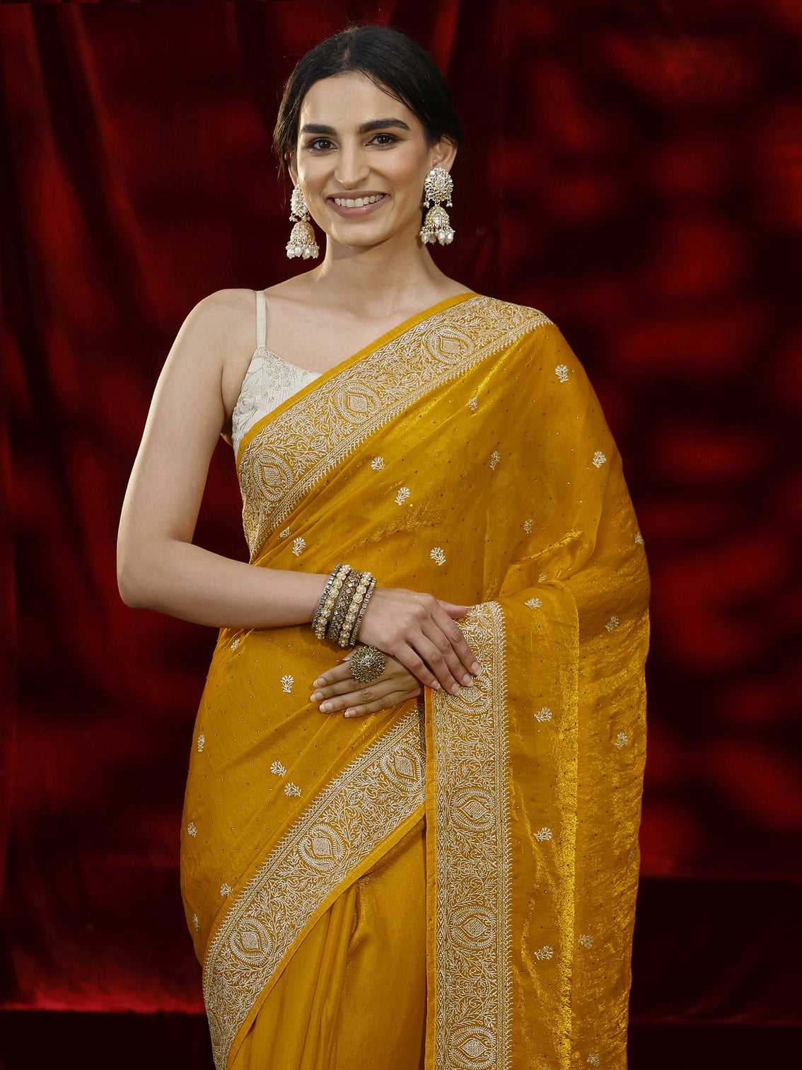 Mameraa Mustard Floral Embroidered Tissue Saree