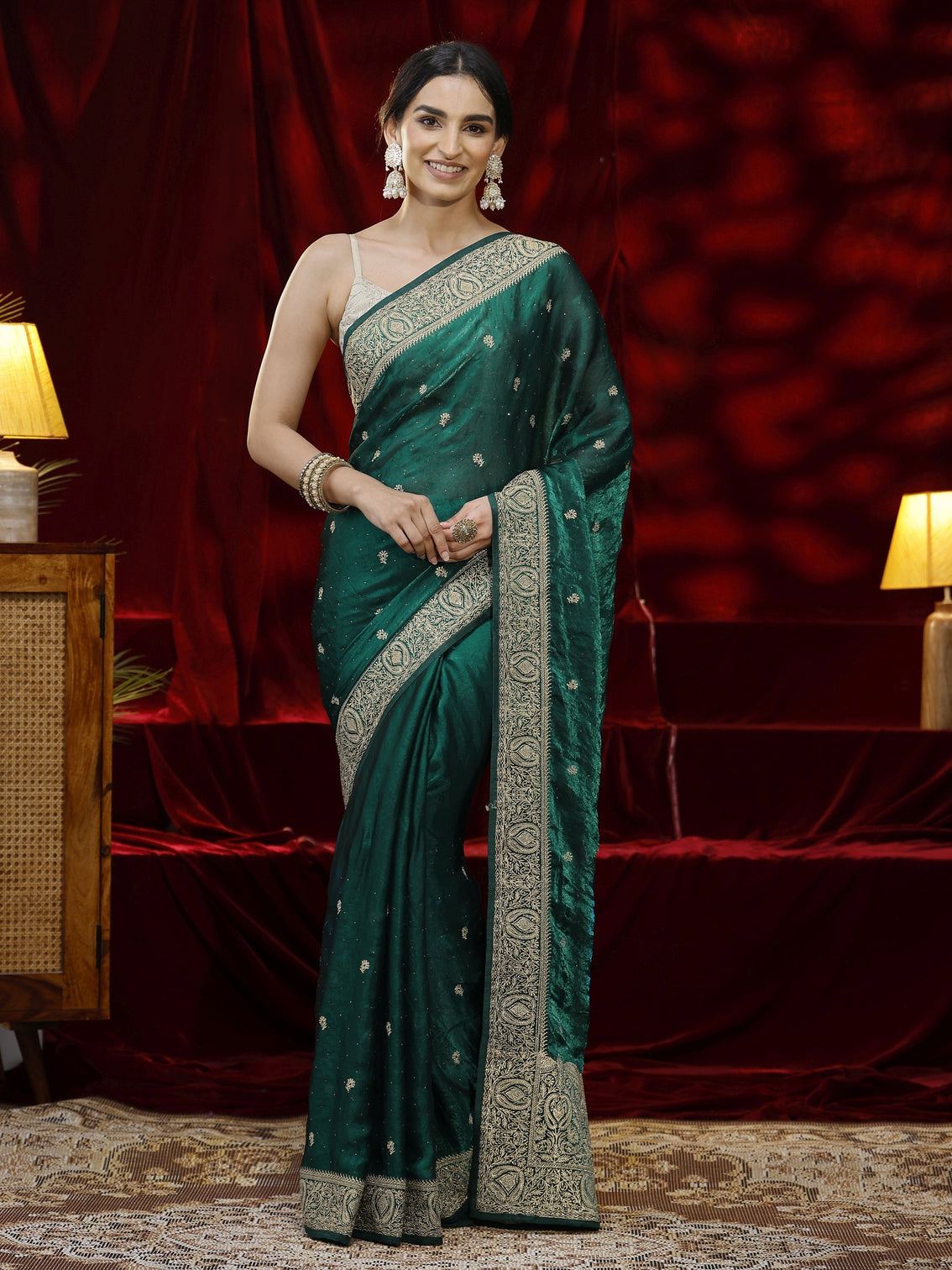 Mameraa Green Floral Embroidered Tissue Saree