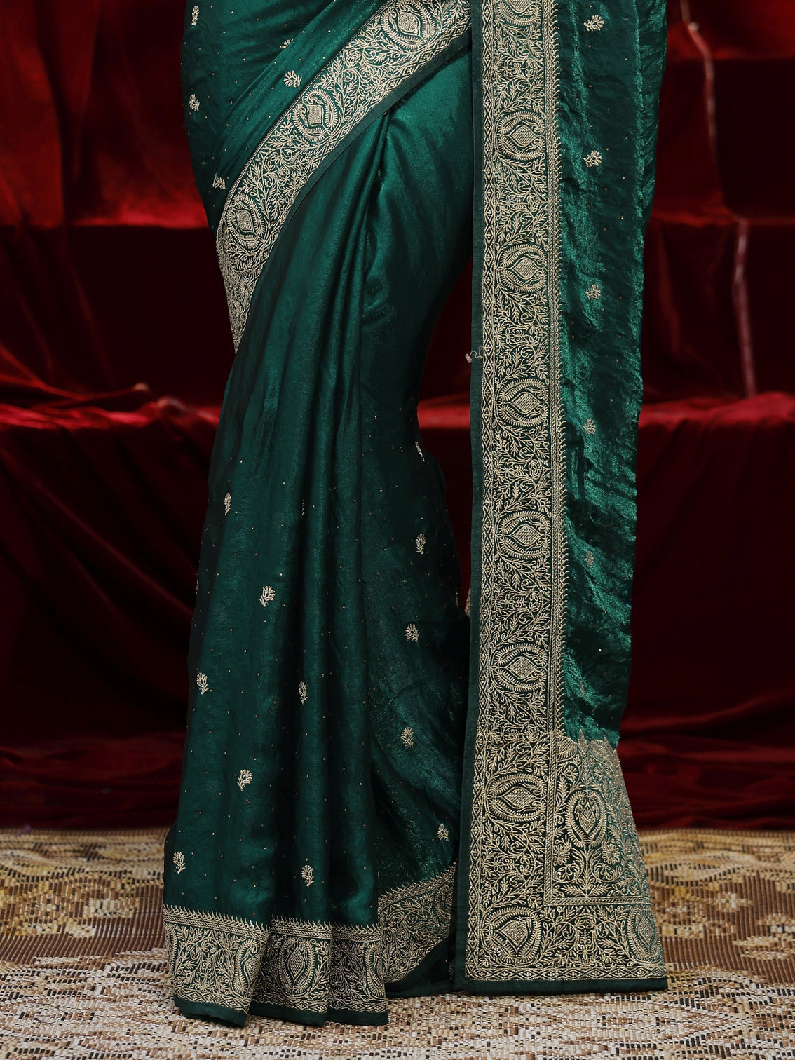Mameraa Green Floral Embroidered Tissue Saree
