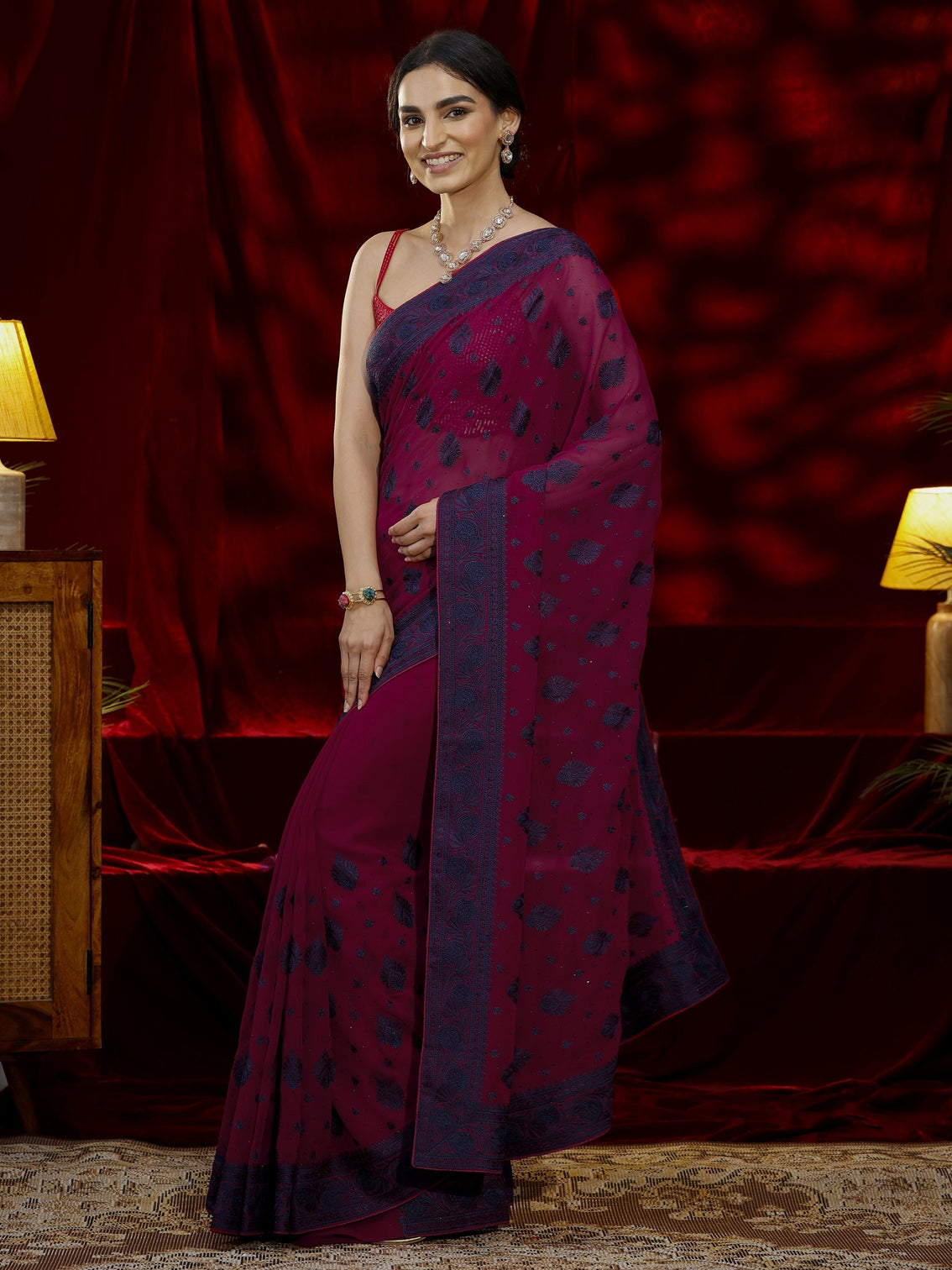 Mameraa Pink Embroidered Georgette Saree