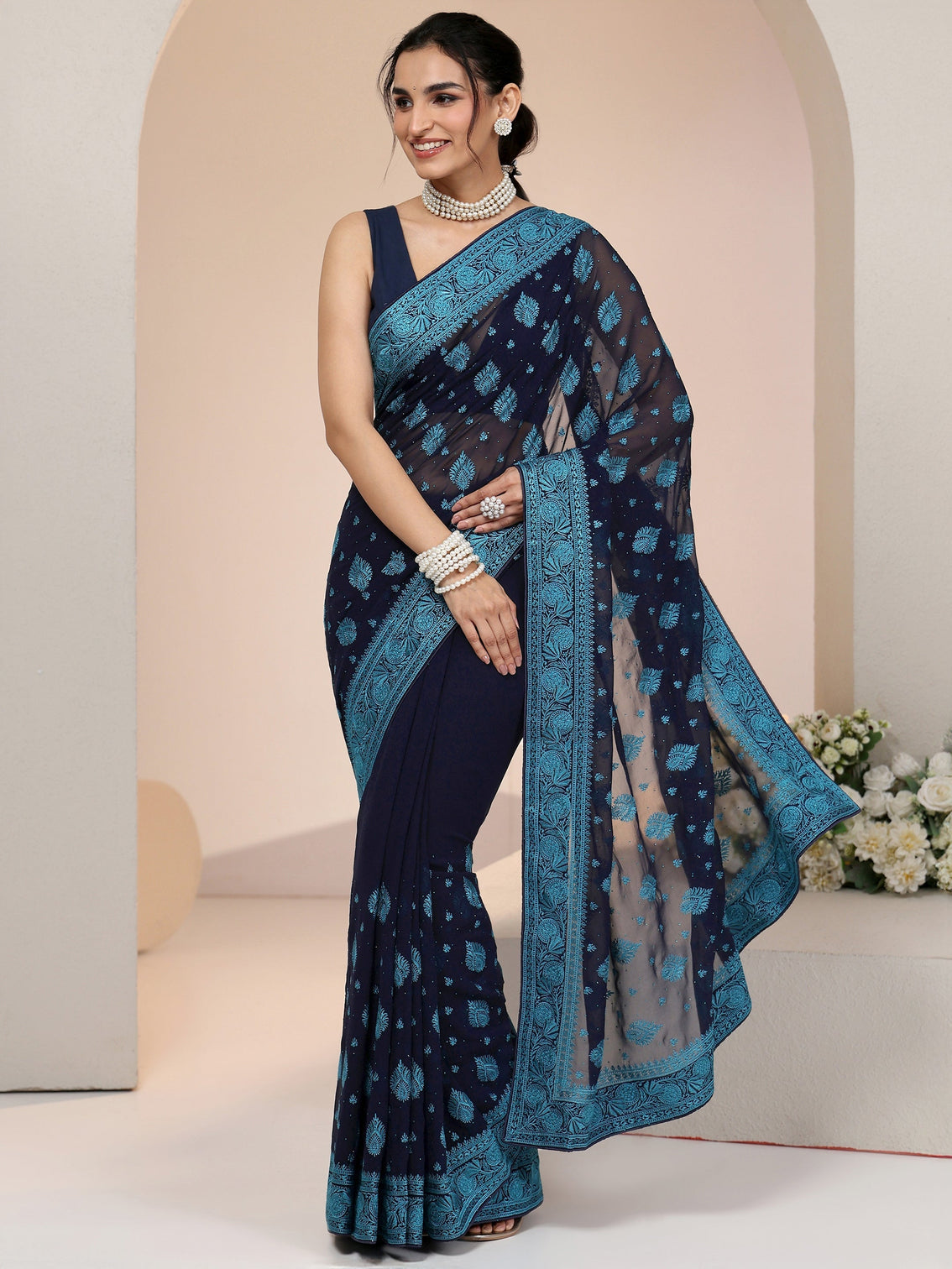 Mameraa Navy Georgette Saree with Embroidered Border