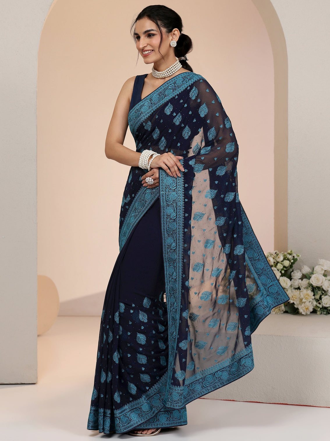 Mameraa Navy Georgette Saree with Embroidered Border