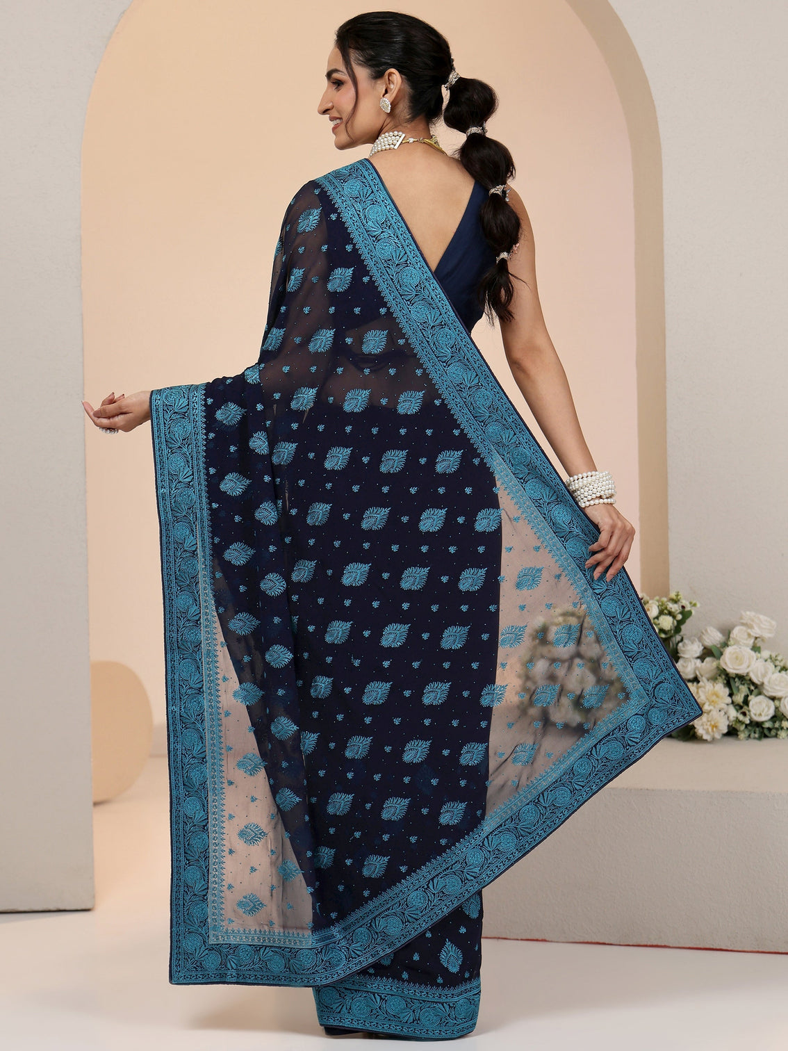 Mameraa Navy Georgette Saree with Embroidered Border