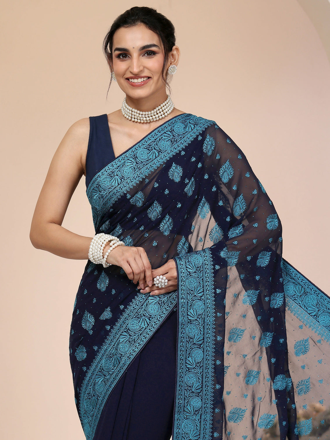 Mameraa Navy Georgette Saree with Embroidered Border