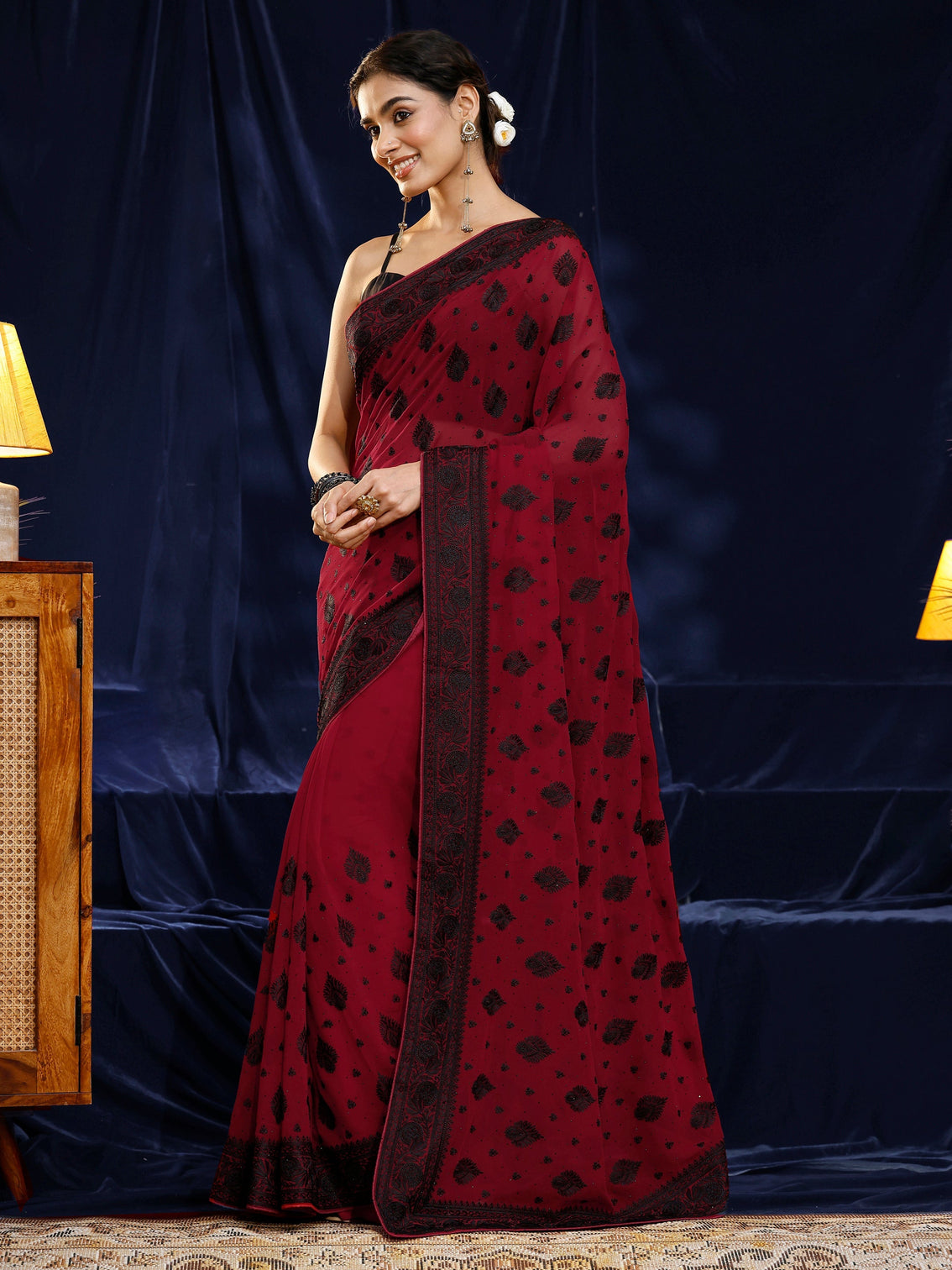 Mameraa Red Embroidered Georgette Saree
