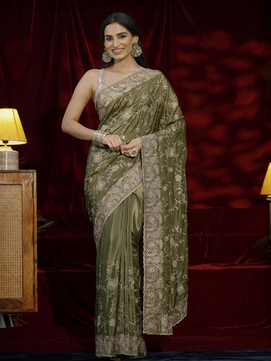 Mameraa Green Floral Embroidered Satin Saree