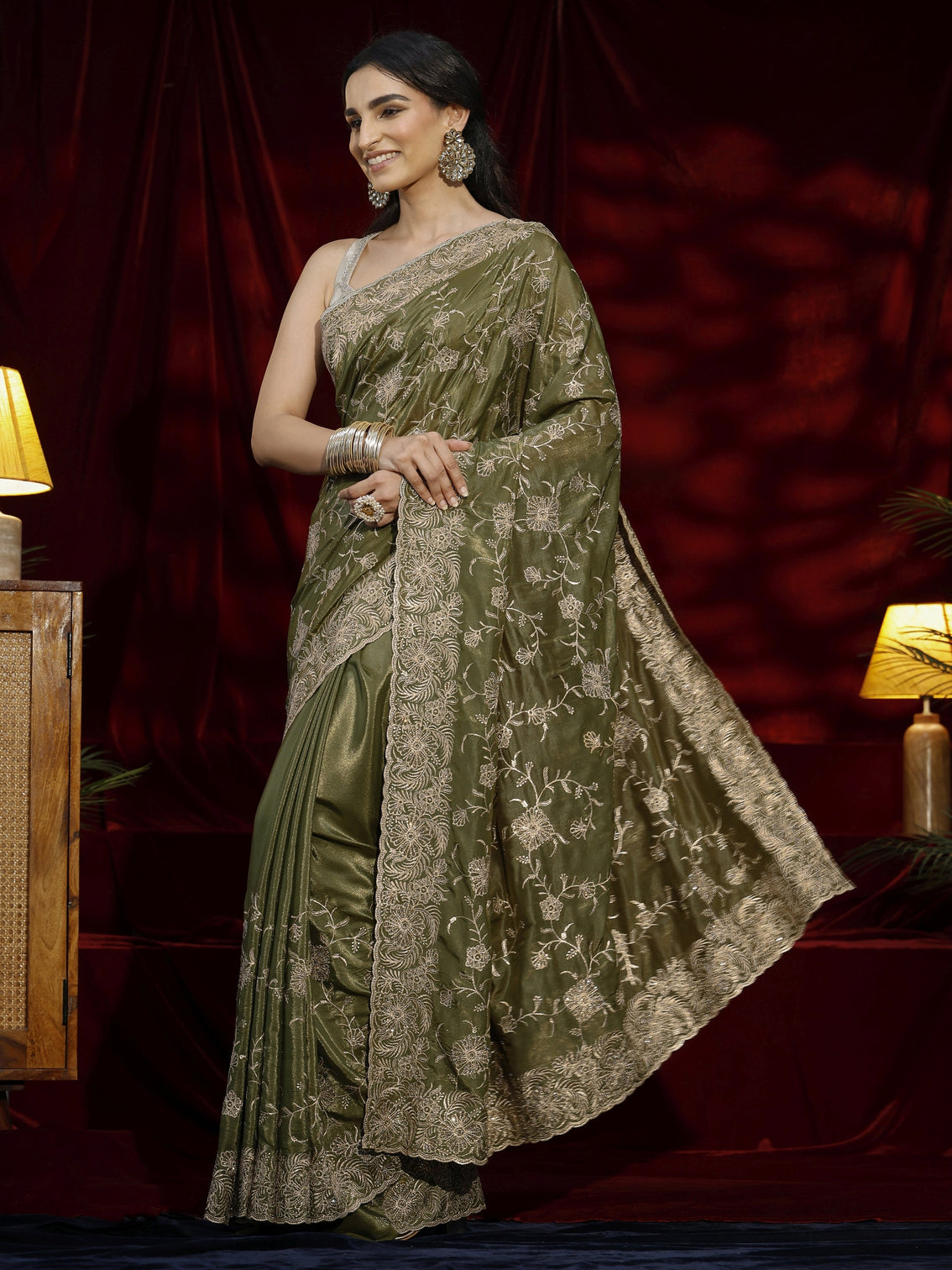 Mameraa Green Floral Embroidered Satin Saree