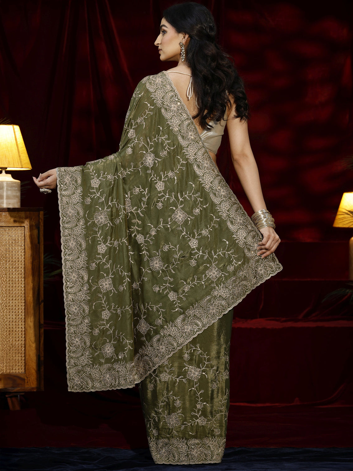 Mameraa Green Floral Embroidered Satin Saree