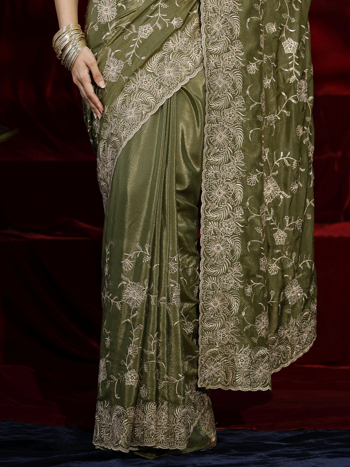 Mameraa Green Floral Embroidered Satin Saree