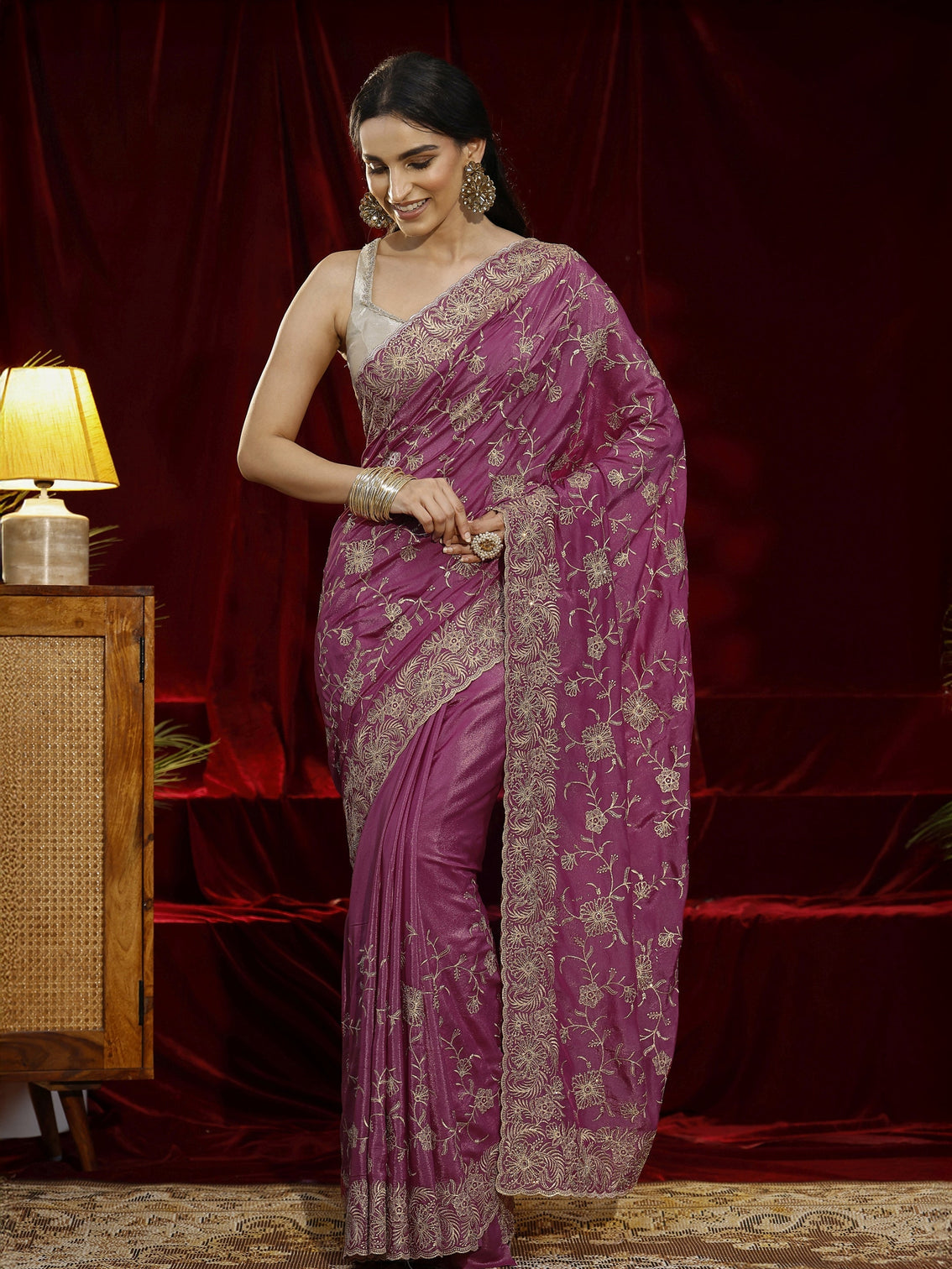 Mameraa Pink Floral Embroidered Satin Saree