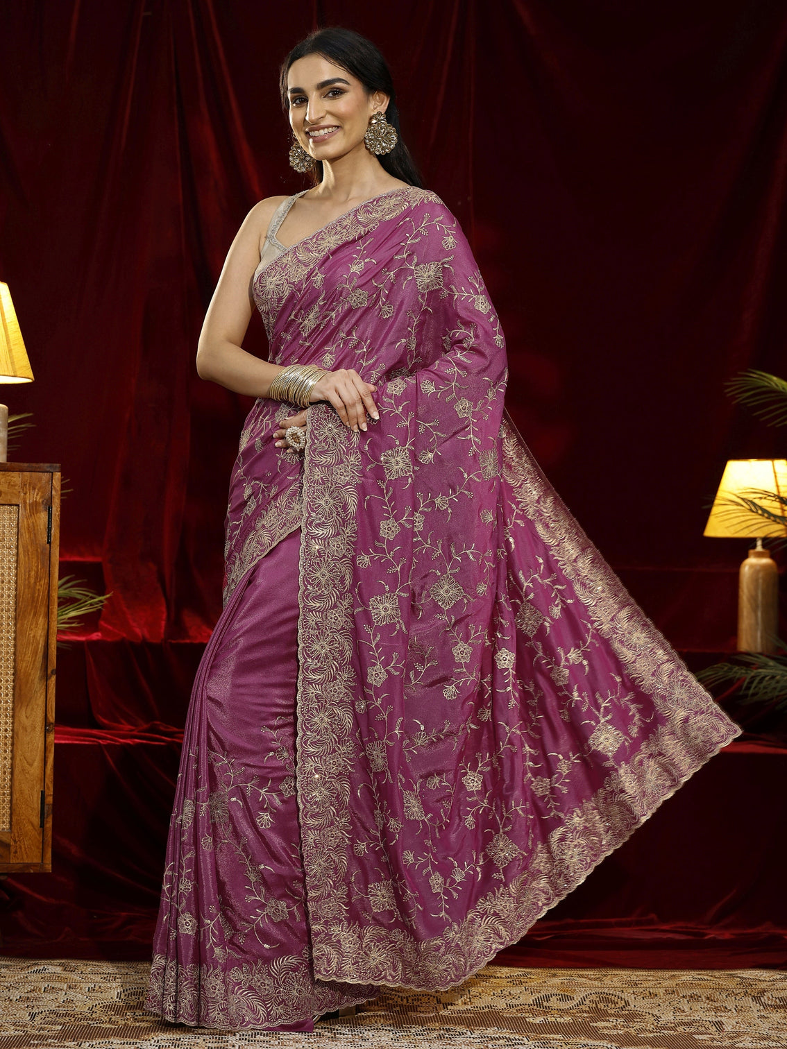 Mameraa Pink Floral Embroidered Satin Saree