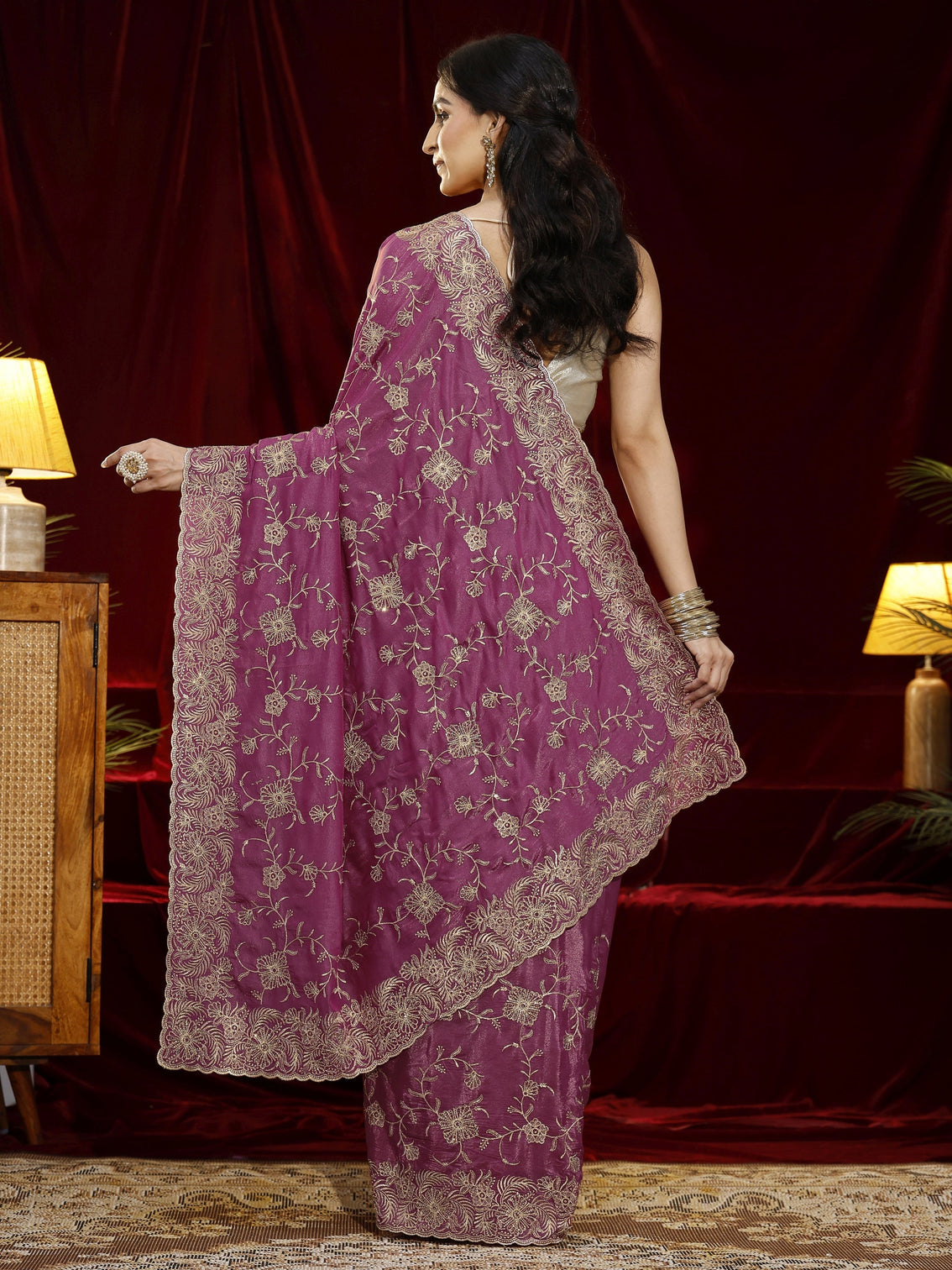Mameraa Pink Floral Embroidered Satin Saree