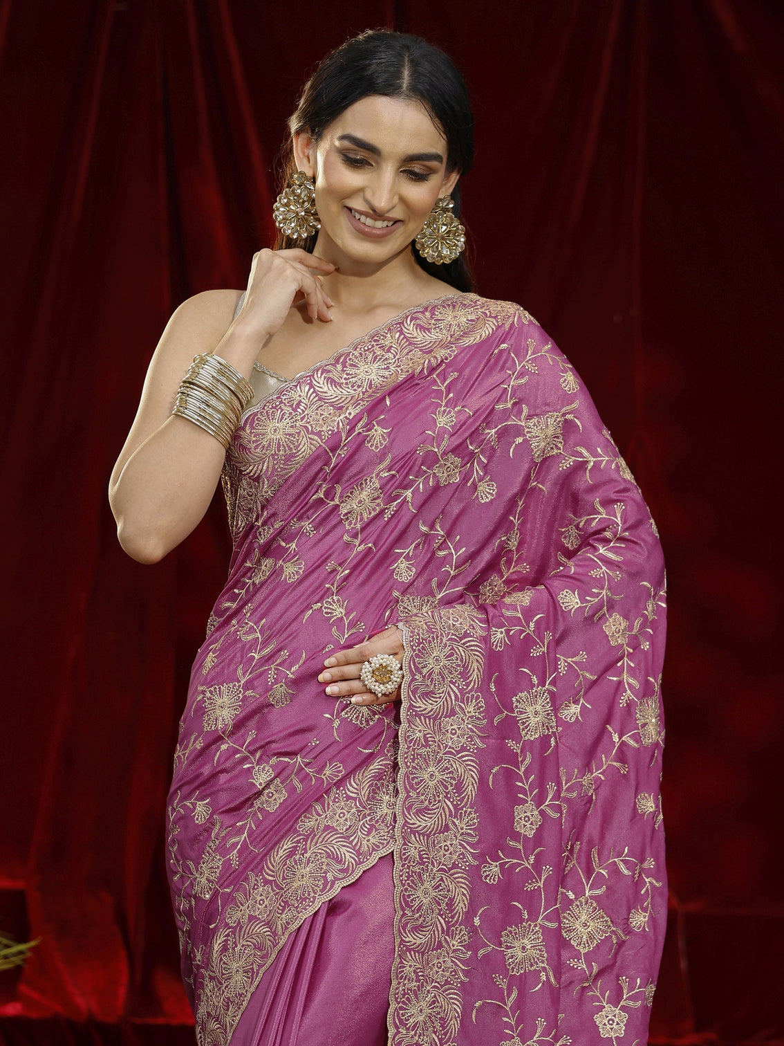 Mameraa Pink Floral Embroidered Satin Saree