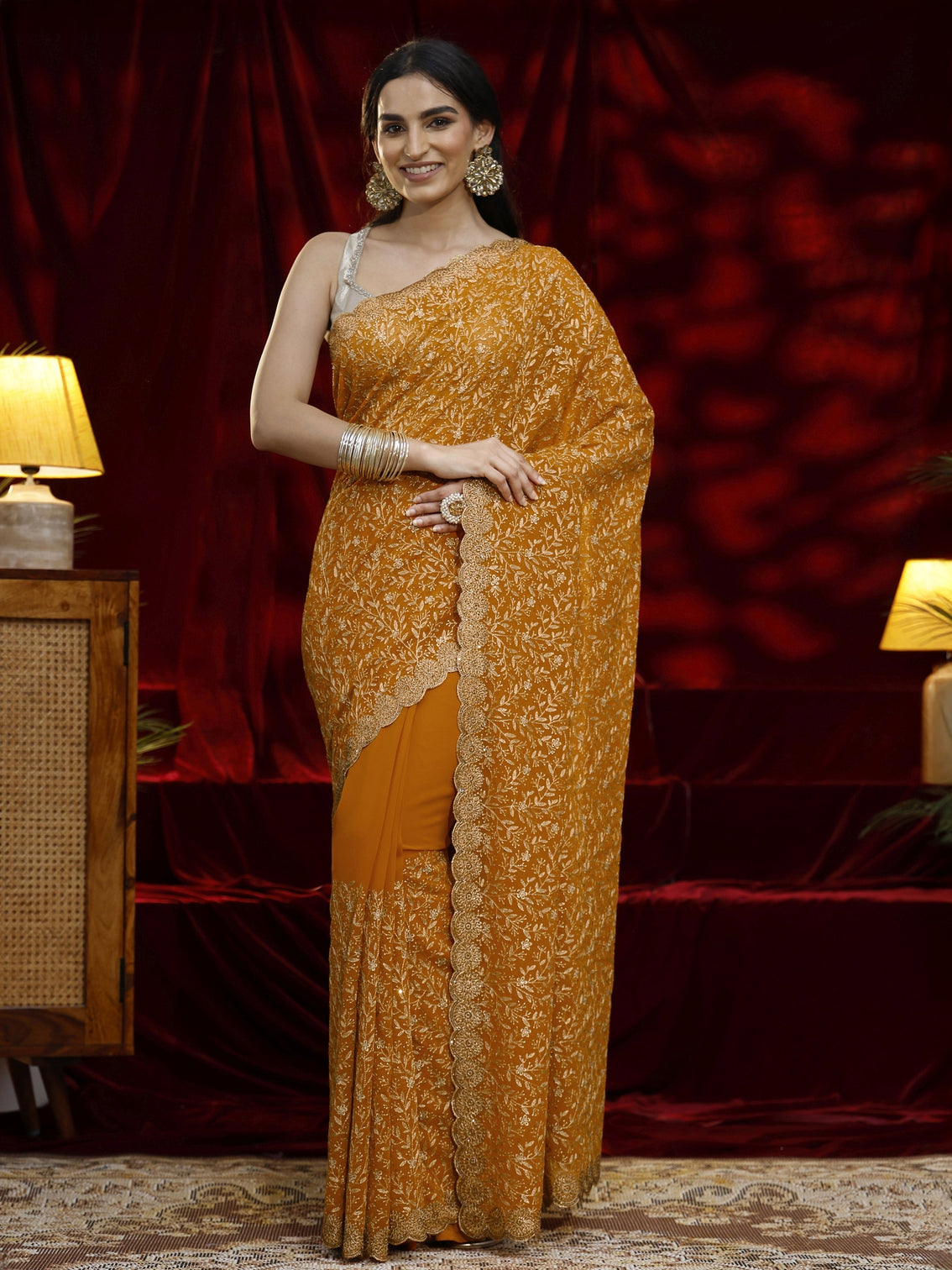 Mameraa Mustard Floral Embroidered Georgette Saree