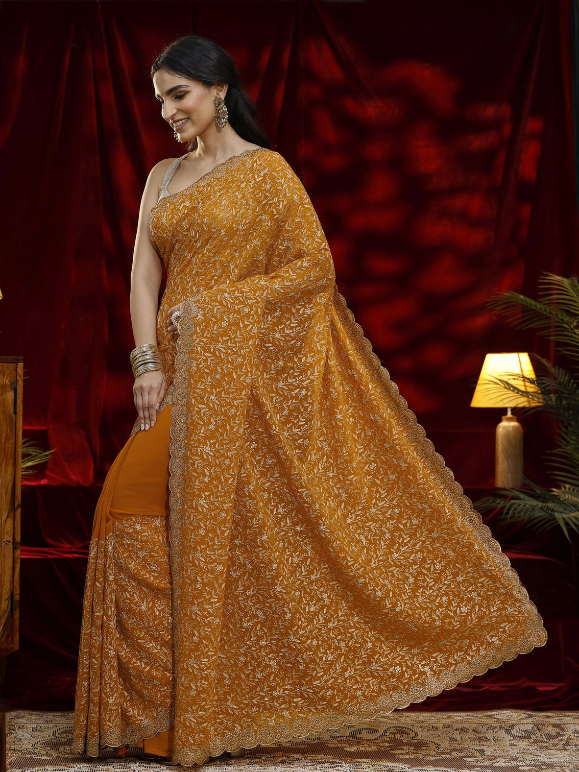 Mameraa Mustard Floral Embroidered Georgette Saree