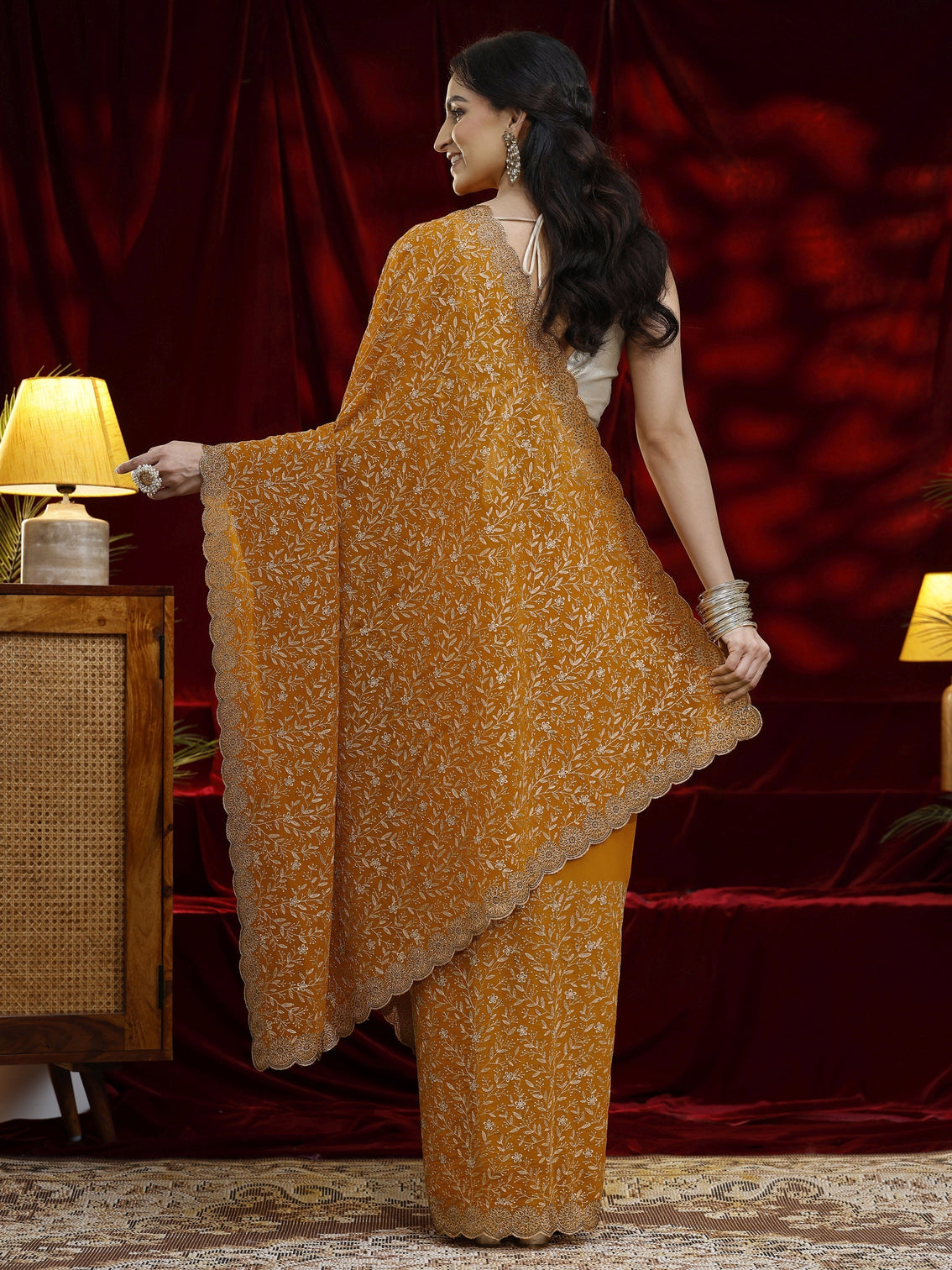Mameraa Mustard Floral Embroidered Georgette Saree