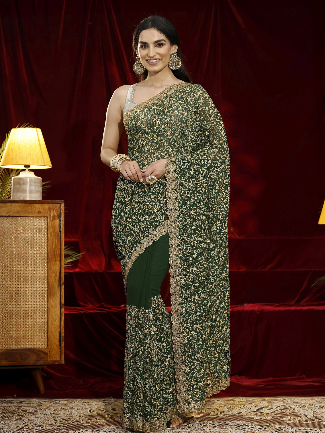 Mameraa Green Floral Embroidered Georgette Saree