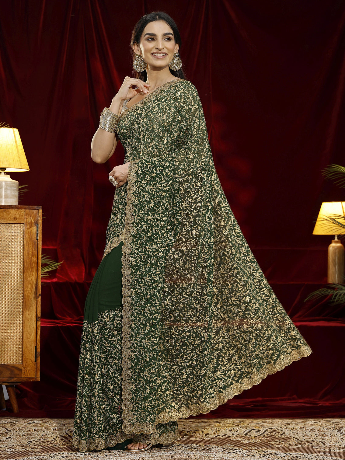 Mameraa Green Floral Embroidered Georgette Saree