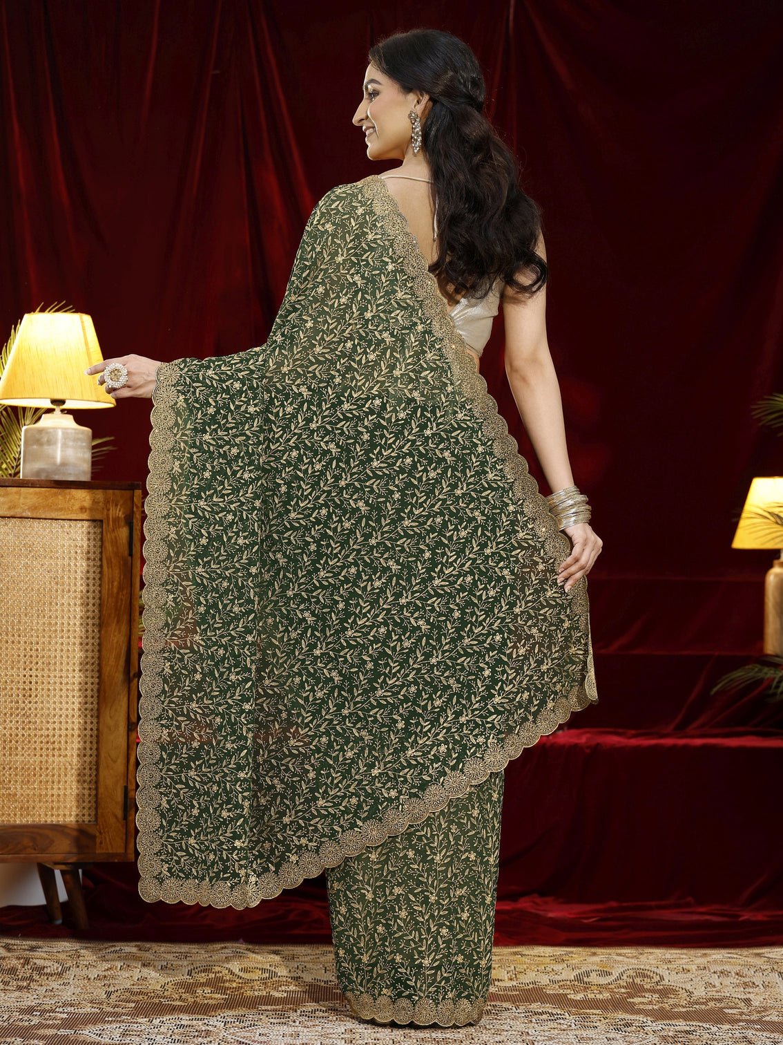 Mameraa Green Floral Embroidered Georgette Saree