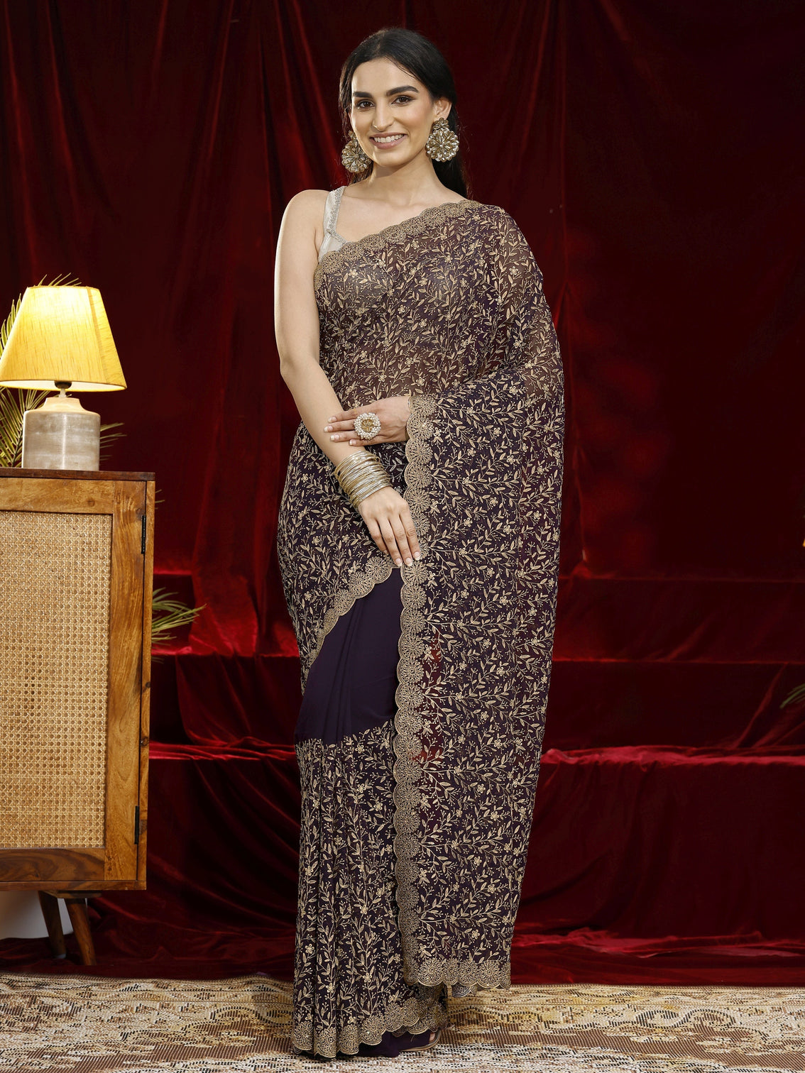 Mameraa Purple Floral Embroidered Georgette Saree