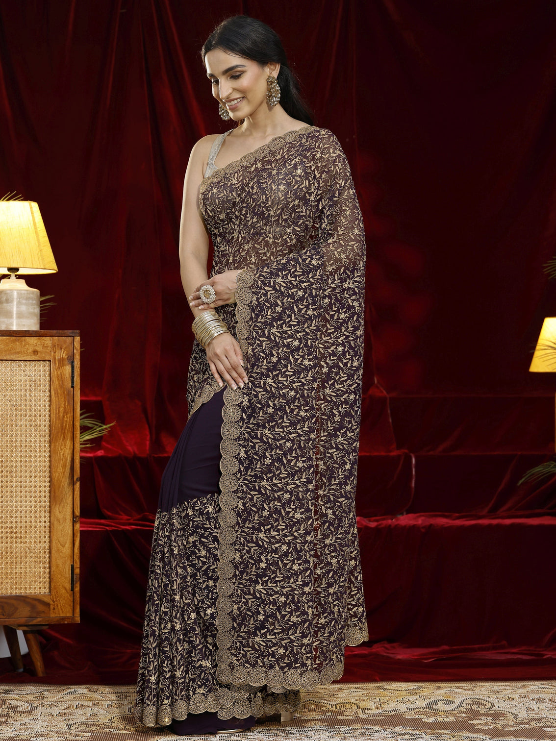 Mameraa Purple Floral Embroidered Georgette Saree