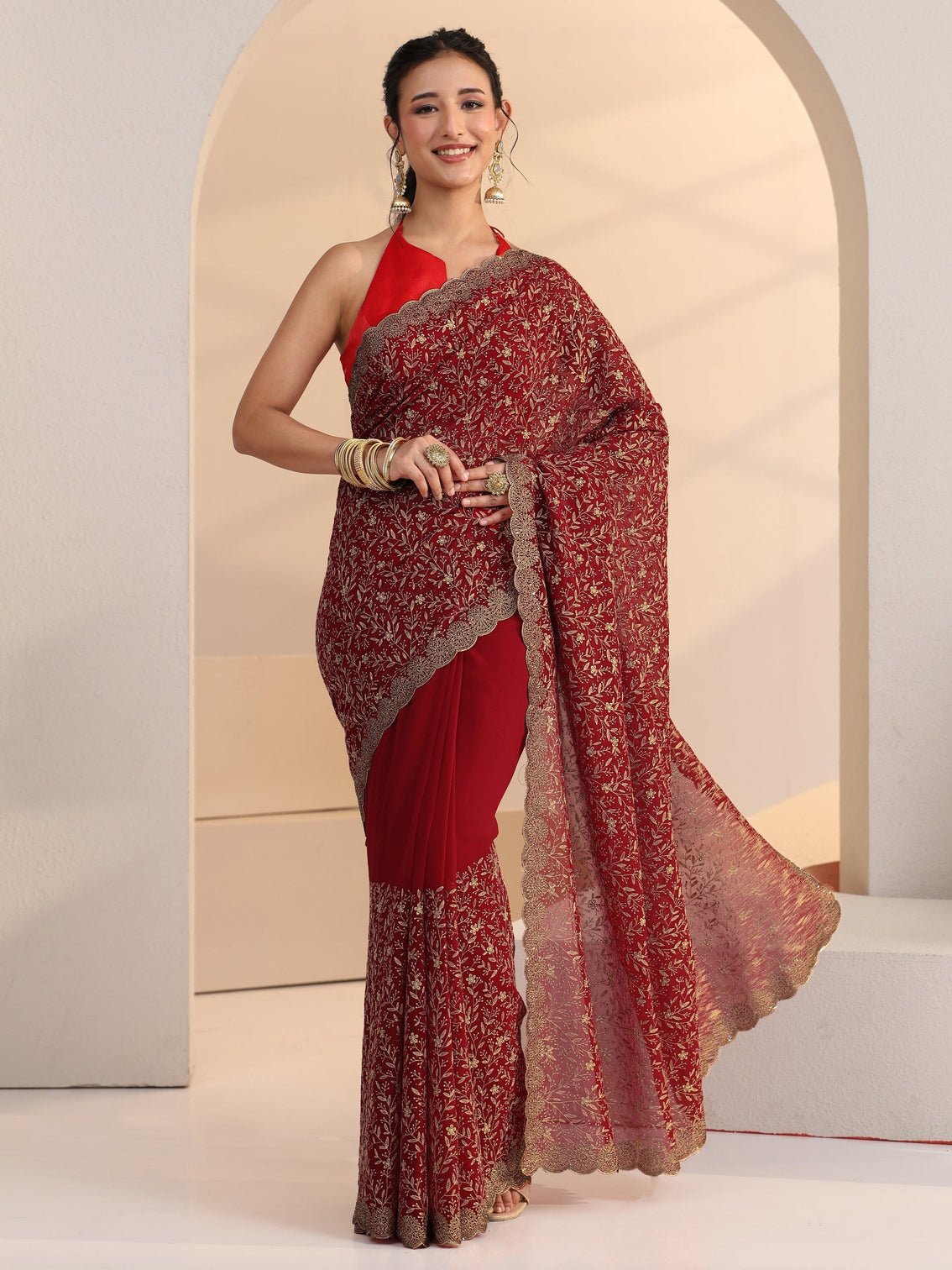 Mameraa Carmine Red Floral Embroidered Georgette Saree