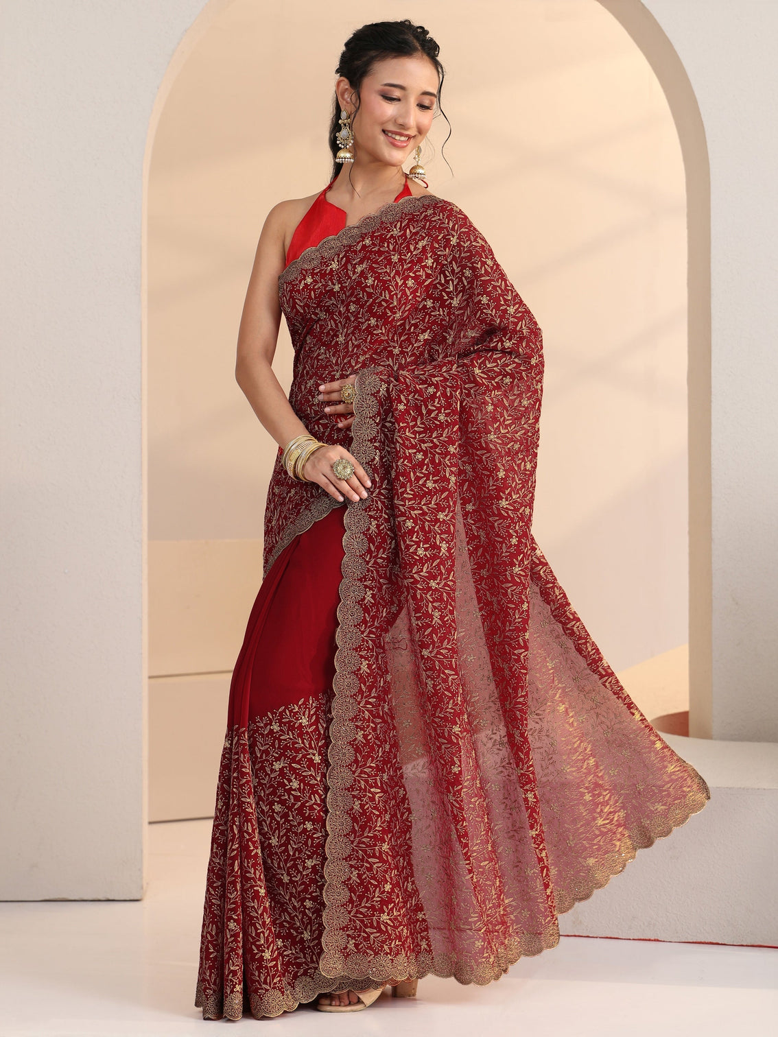 Mameraa Carmine Red Floral Embroidered Georgette Saree