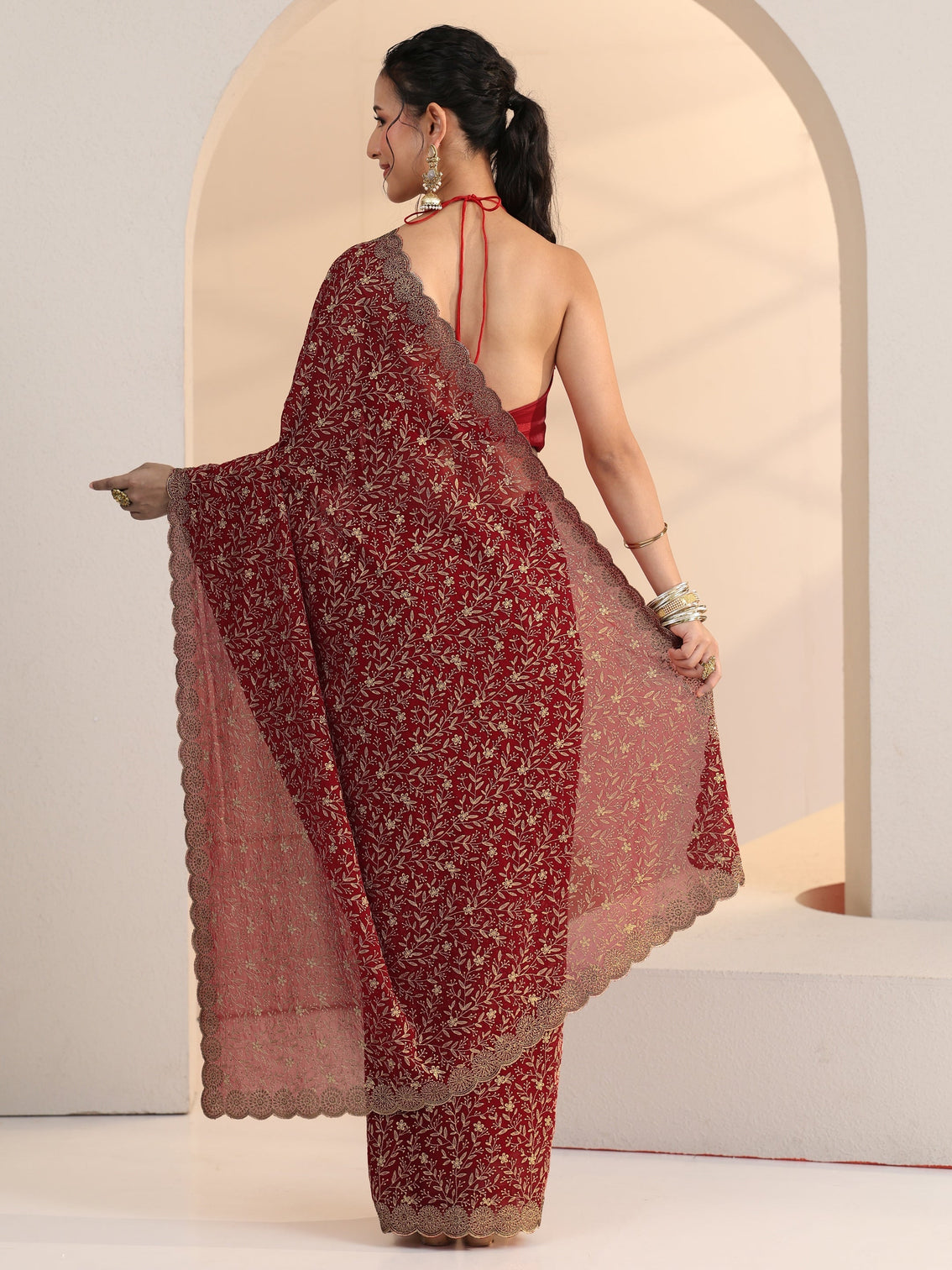 Mameraa Carmine Red Floral Embroidered Georgette Saree