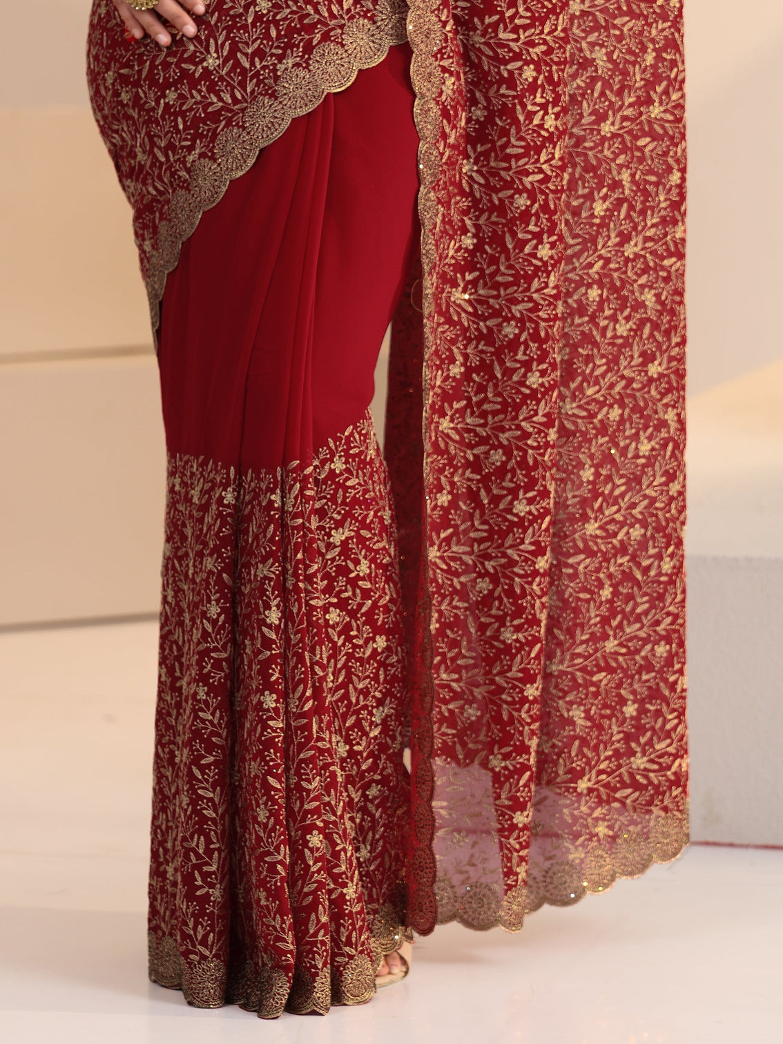Mameraa Carmine Red Floral Embroidered Georgette Saree