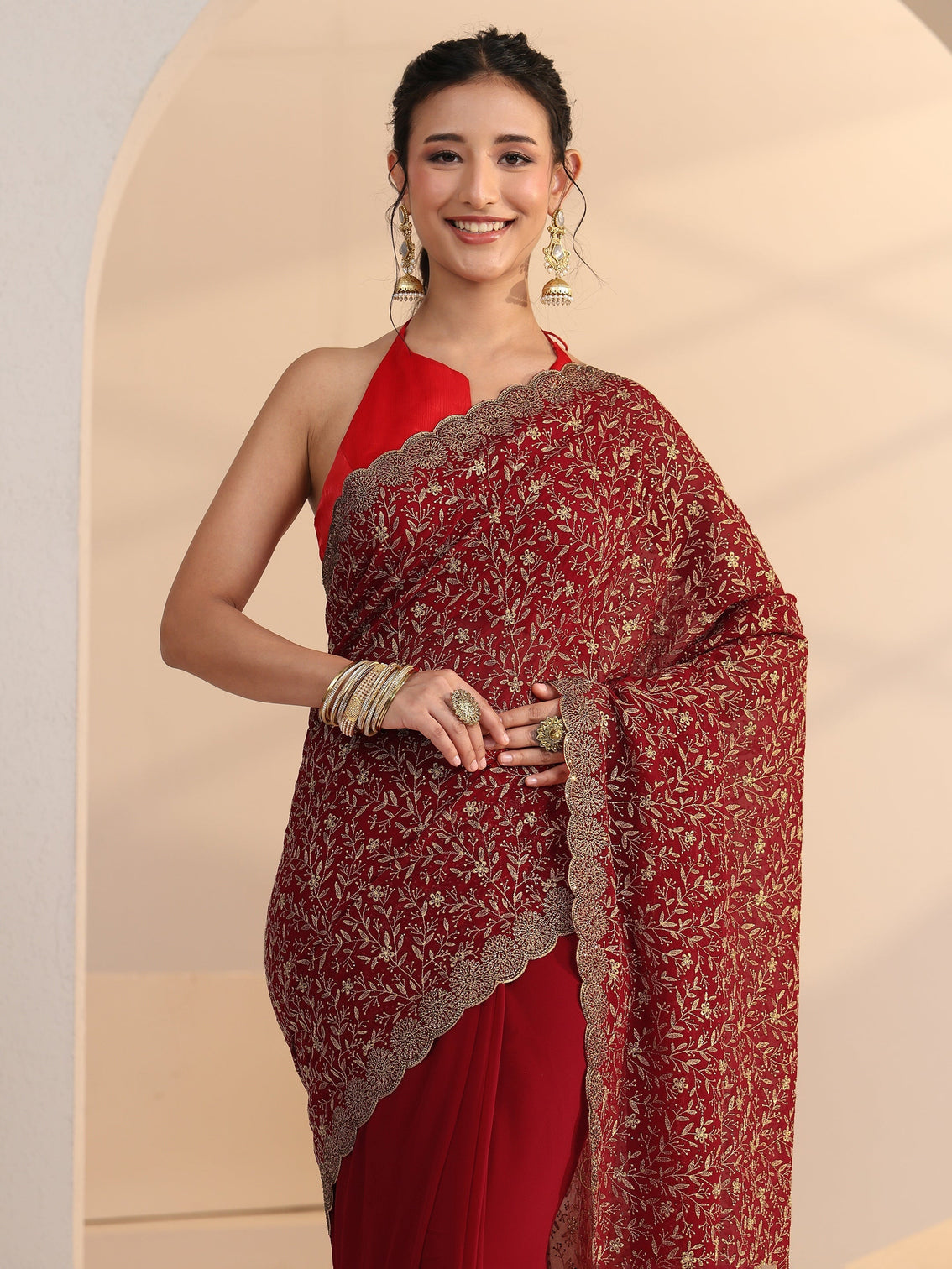 Mameraa Carmine Red Floral Embroidered Georgette Saree