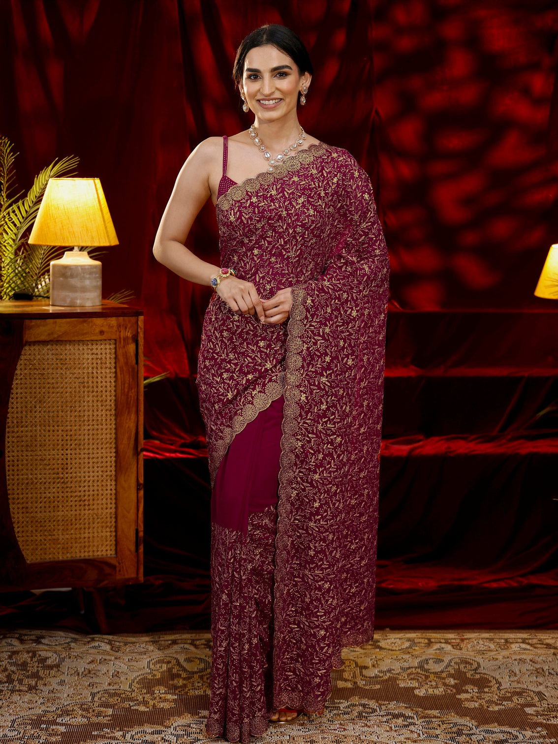 Mameraa Pink Floral Embroidered Georgette Saree