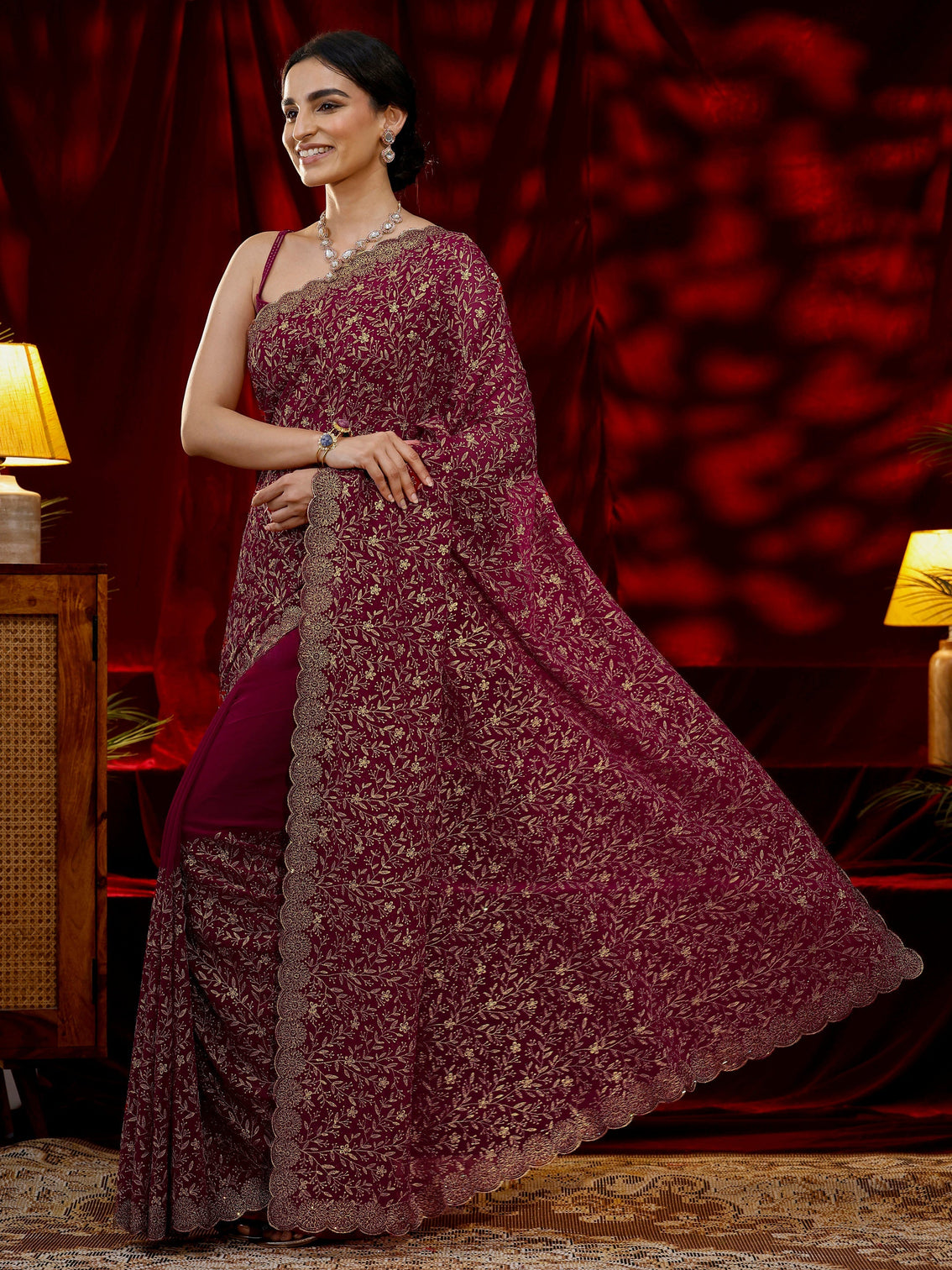 Mameraa Pink Floral Embroidered Georgette Saree