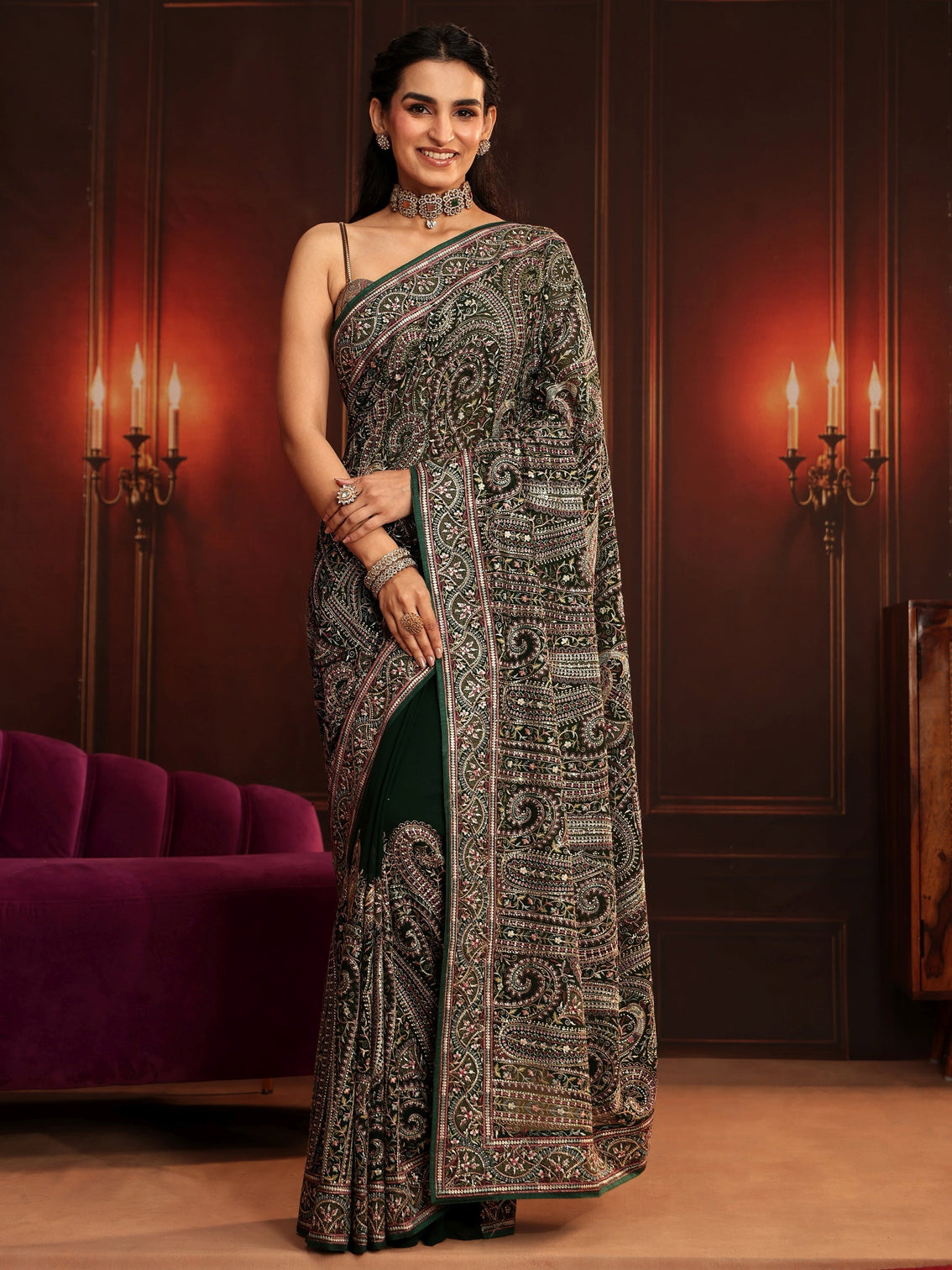 Mameraa Art Bottle Green Embroidered Georgette Saree