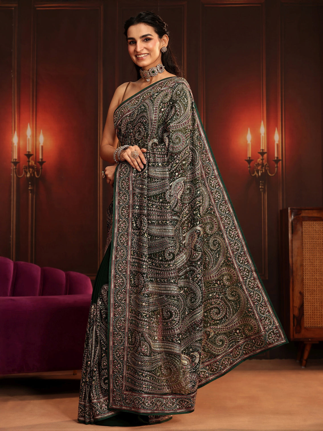 Mameraa Art Bottle Green Embroidered Georgette Saree