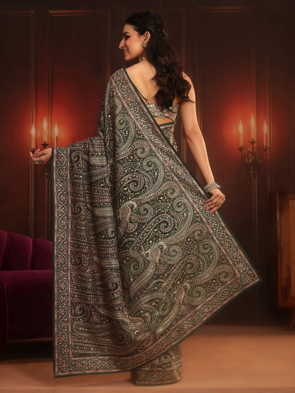 Mameraa Art Bottle Green Embroidered Georgette Saree