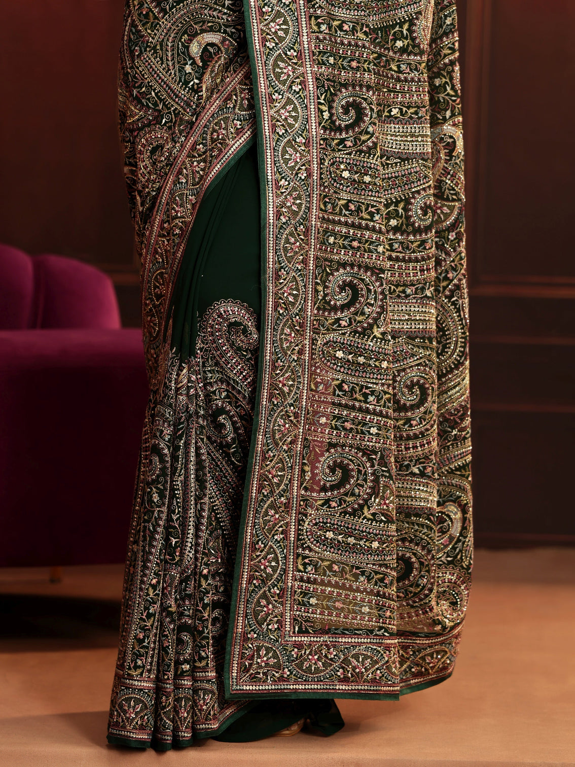 Mameraa Art Bottle Green Embroidered Georgette Saree