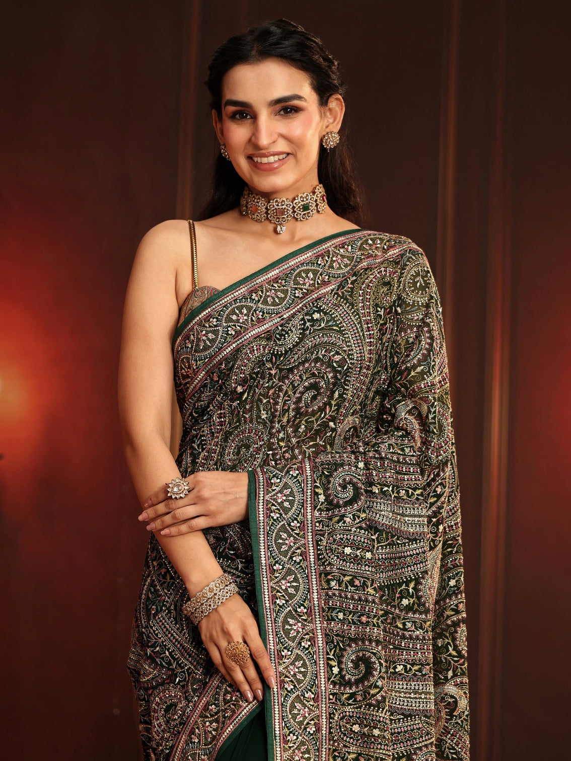 Mameraa Art Bottle Green Embroidered Georgette Saree