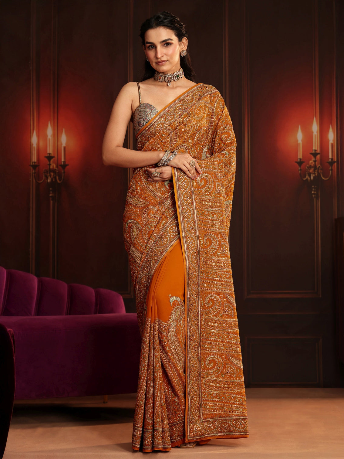 Mameraa Art Orange Embroidered Georgette Saree