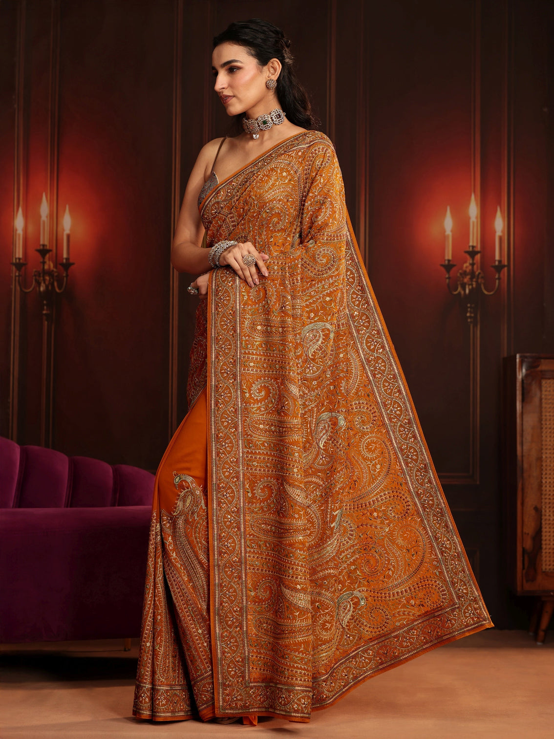 Mameraa Art Orange Embroidered Georgette Saree