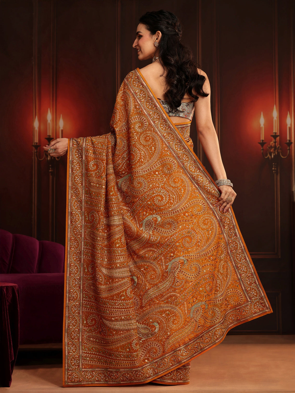 Mameraa Art Orange Embroidered Georgette Saree